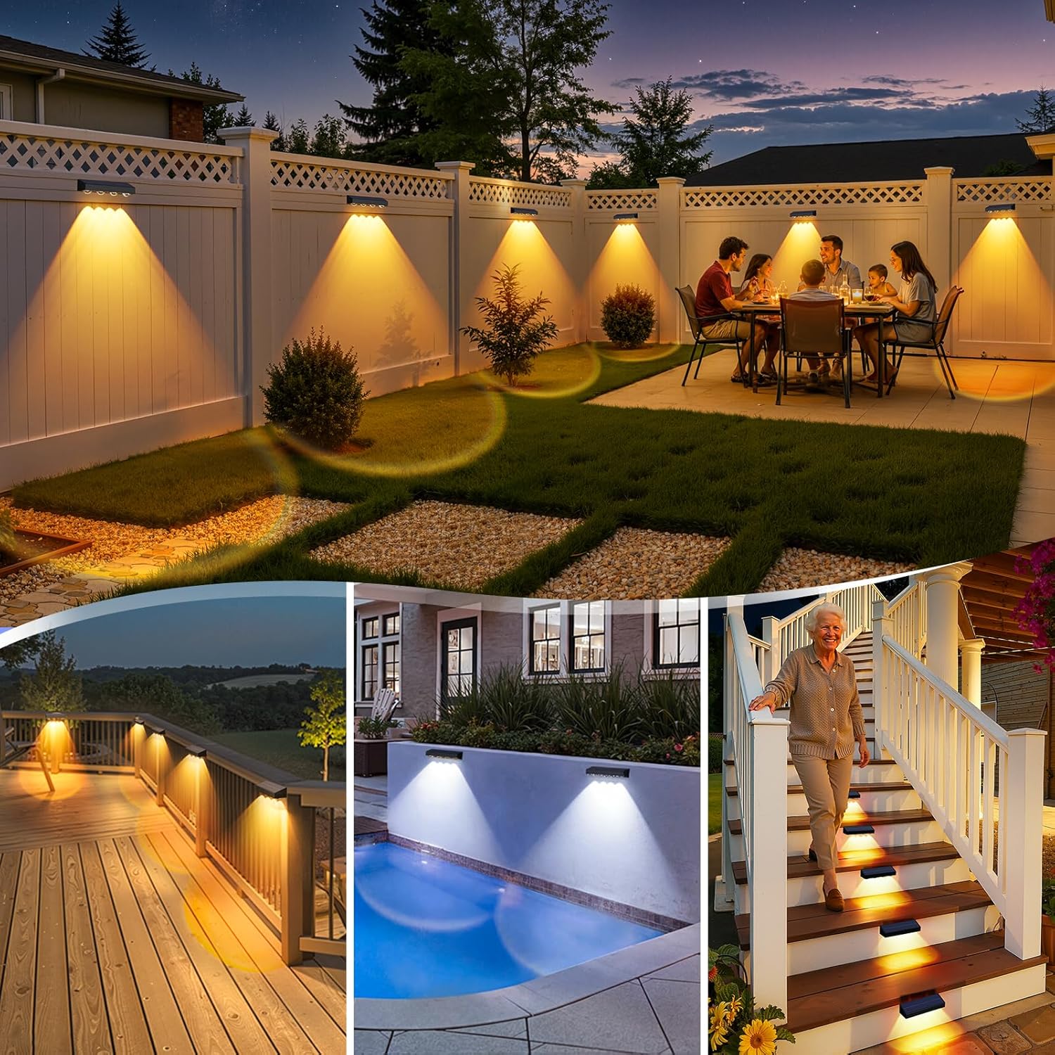 ShineTech Solar Fence Lights Outdoor Waterproof, 3-Color Lighting Modes LED Solar Powered Deck Lights, Outdoor Step Lights for Railing, Patio, Wall, Backyard (8 Packs)