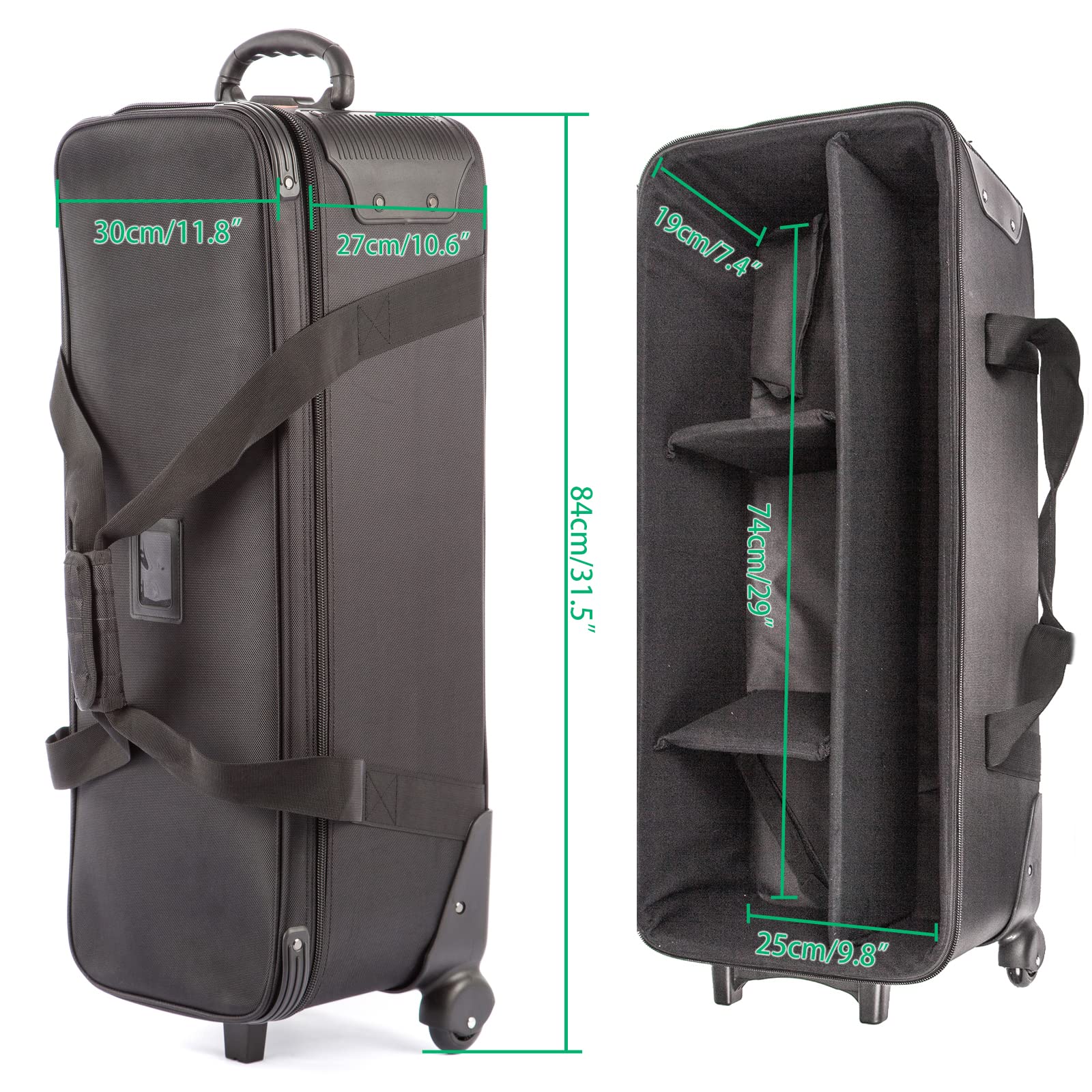 Equipo de Estudio fotográfico Carretilla Bolsa de Transporte, Acolchado con Ruedas portátil para trípode Soporte de luz estroboscópica Flash Accesorios, Black, 80.01× 29.97 × 26.92 cm