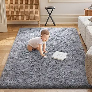 Grey Rugs for Bedroom Fluffy 3x5 ft Living Room Rug Non-Slip Area Rugs Shag Carpet for Nursery Kids Play Room Dorm Office Indoor Modern Plush Carpets Boys Light Gray