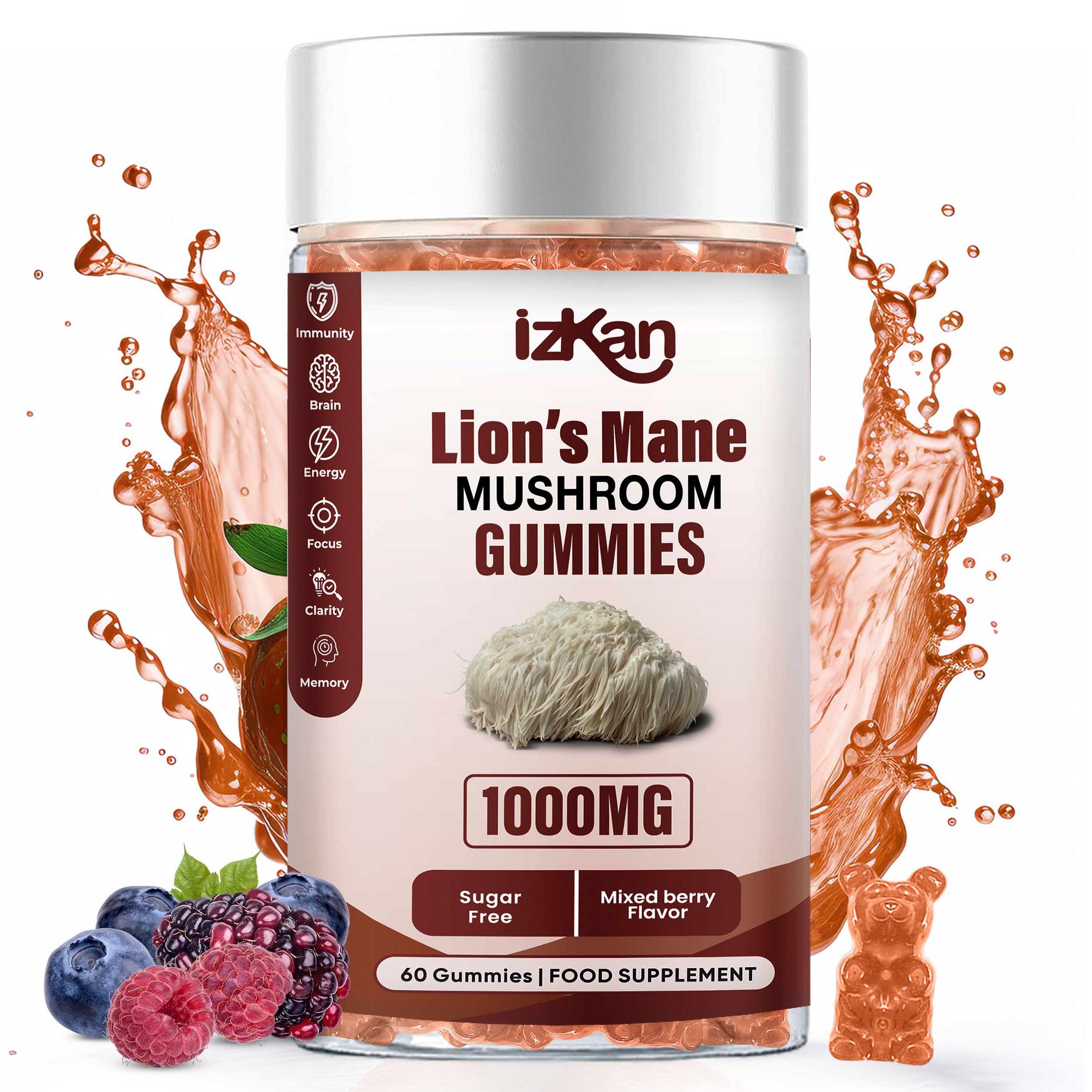 Mushroom Gummies 1000mg - Lion Mane Mushroom Gummies Supplement Promotes Focus, Memory, and Mood - 60 Count (Mixed Berry Flavor, Halal, Gluten-Free, Vegan) (1)