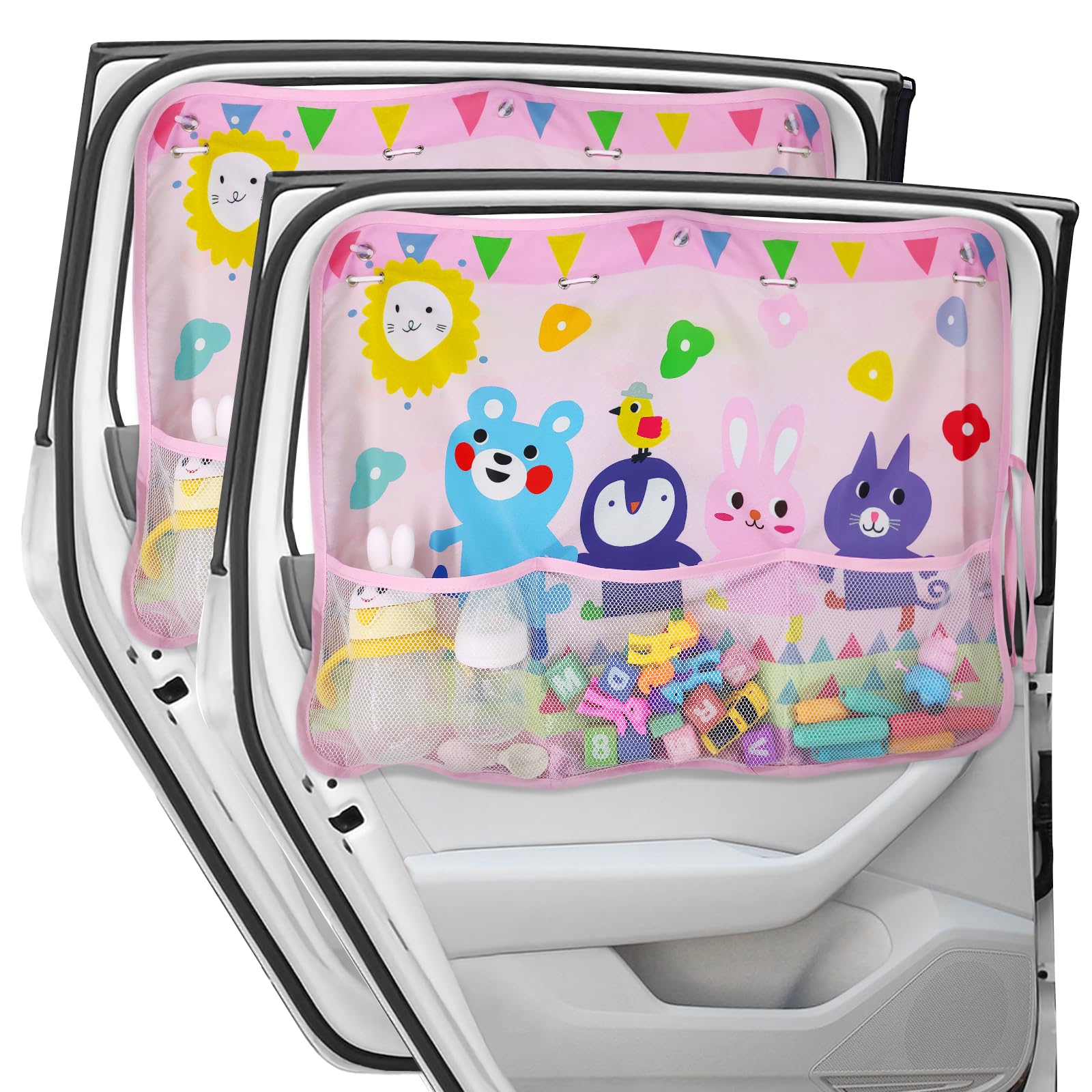 DIZA100 Car Sun Shade for Window Baby (2 Pack), Blackout Window Shades with Storage Net Pocket, 7 Suction Cups, Cute Patterns for Sun/Heat/UV Rays