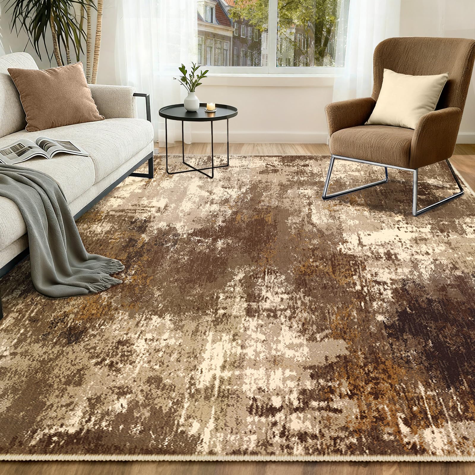 INOVADAY Washable Rugs Living Room 180x270 cm Modern Abstract Rug with Soft Low Pile Vacuum Friendly Non Slip Backing Minimalist Carpet for Lounge Bedroom Dining Room Home Office Brown/Tan