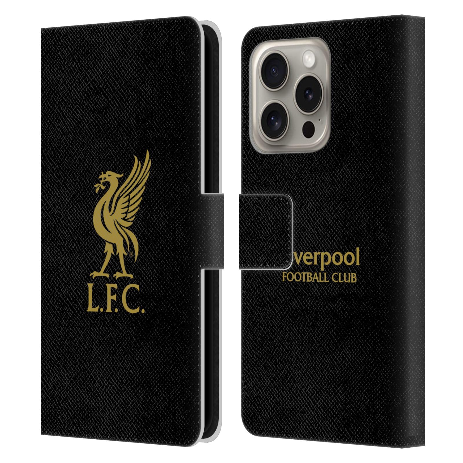 Head Case Designs Officially Licensed Liverpool Football Club Gold Logo On Black Liver Bird Leather Wallet Case Compatible With Apple iPhone 16 Pro