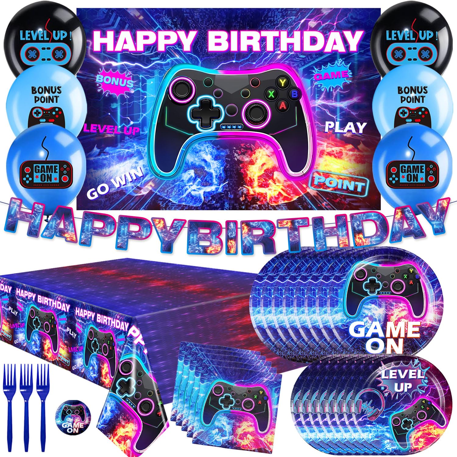 cocomigo 116pcs Gamer Birthday Party Decorations, Video Game Birthday Decorations Include Video Game Balloons Table Cloth Plates Gamer Birthday Banner Video Game Party Decorations for Boys