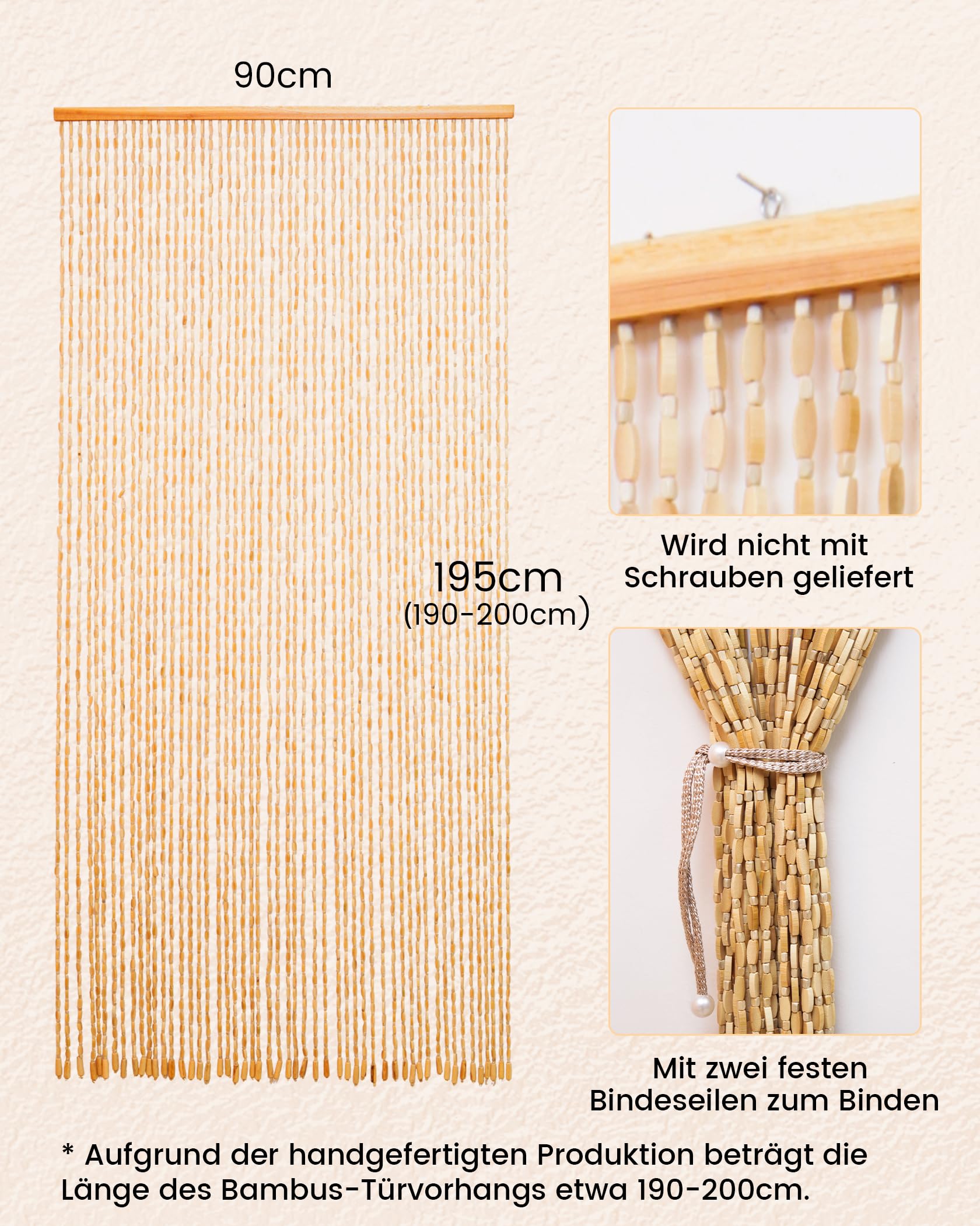 Cortina de Perlas de Madera 90 x 200 cm - 52 Hebras Beige Retro Hecha a Mano Natural - Protección Contra Insectos para Dormitorio, Caravana