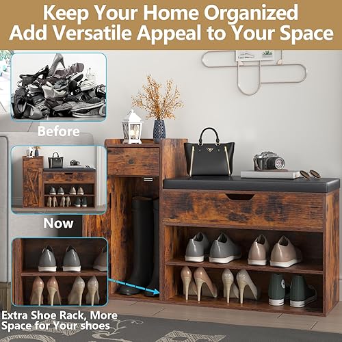 Miniatura 6 de Loomie Shoe Storage Bench, 2-Tier Farmhouse Entryway Bench with Lift Top Storage Box, Drawer & Soft Removable Seat Cushion, Silm Shoe Rack with Shoe