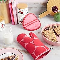 Vista 3 de Kate Spade New York Joy Dot Oven Mitt & Pot Grabber 2-Pack Set, 7" x 13", 8" Round, Red/Rose Pink