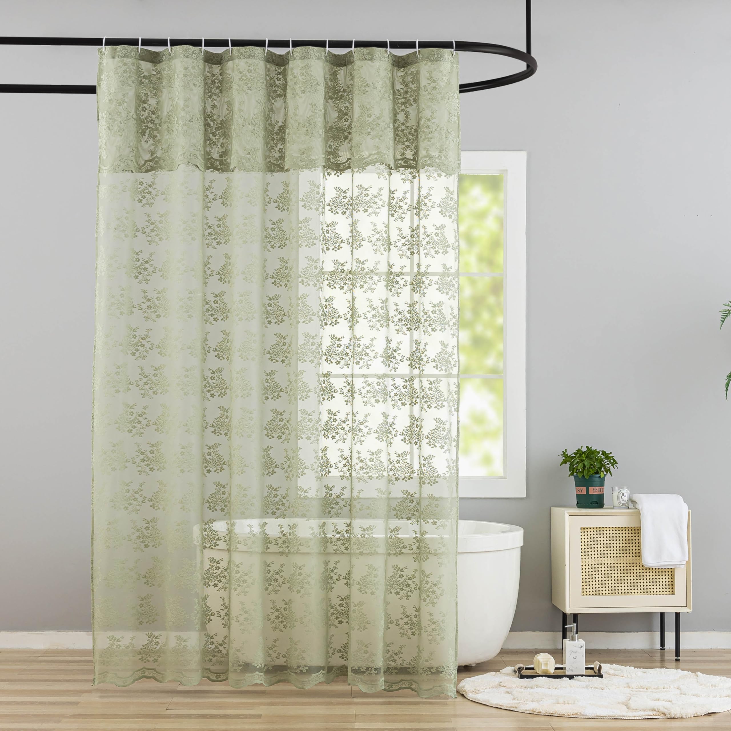 YJ YANJUN Sage Green Shower Curtain for Bathroom, Rustic Floral Lace Sheer Shower Curtain with Attached Valance, Scalloped Edge Elegant Sage Shower Curtain, 72 x 72 Inch, Sage Green