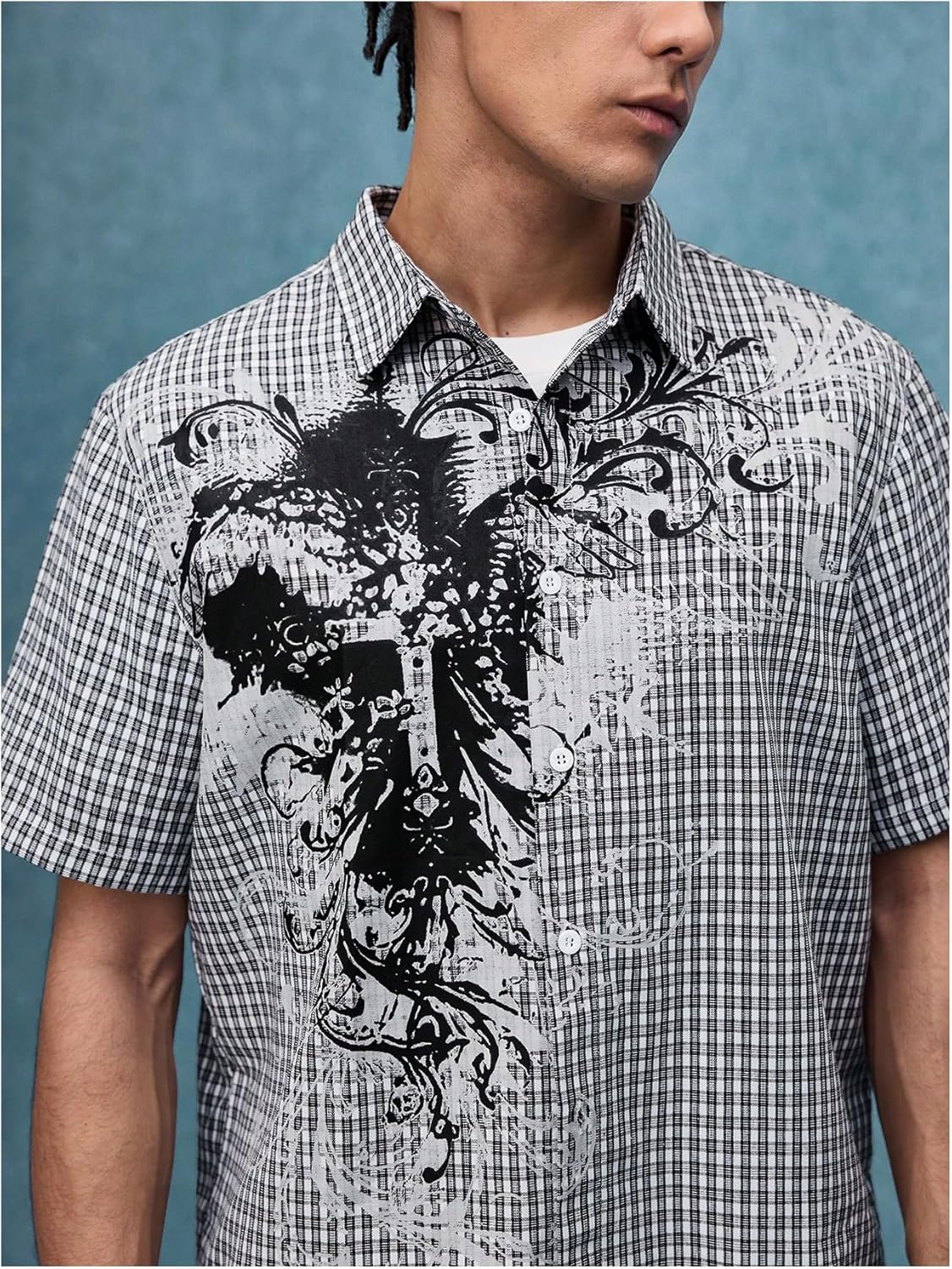 GORGLITTER Men's Shirts Checkered Button Down Graphic Print Plaid Boxy Short Sleeve Collar Vacation Dressy Casual Tops