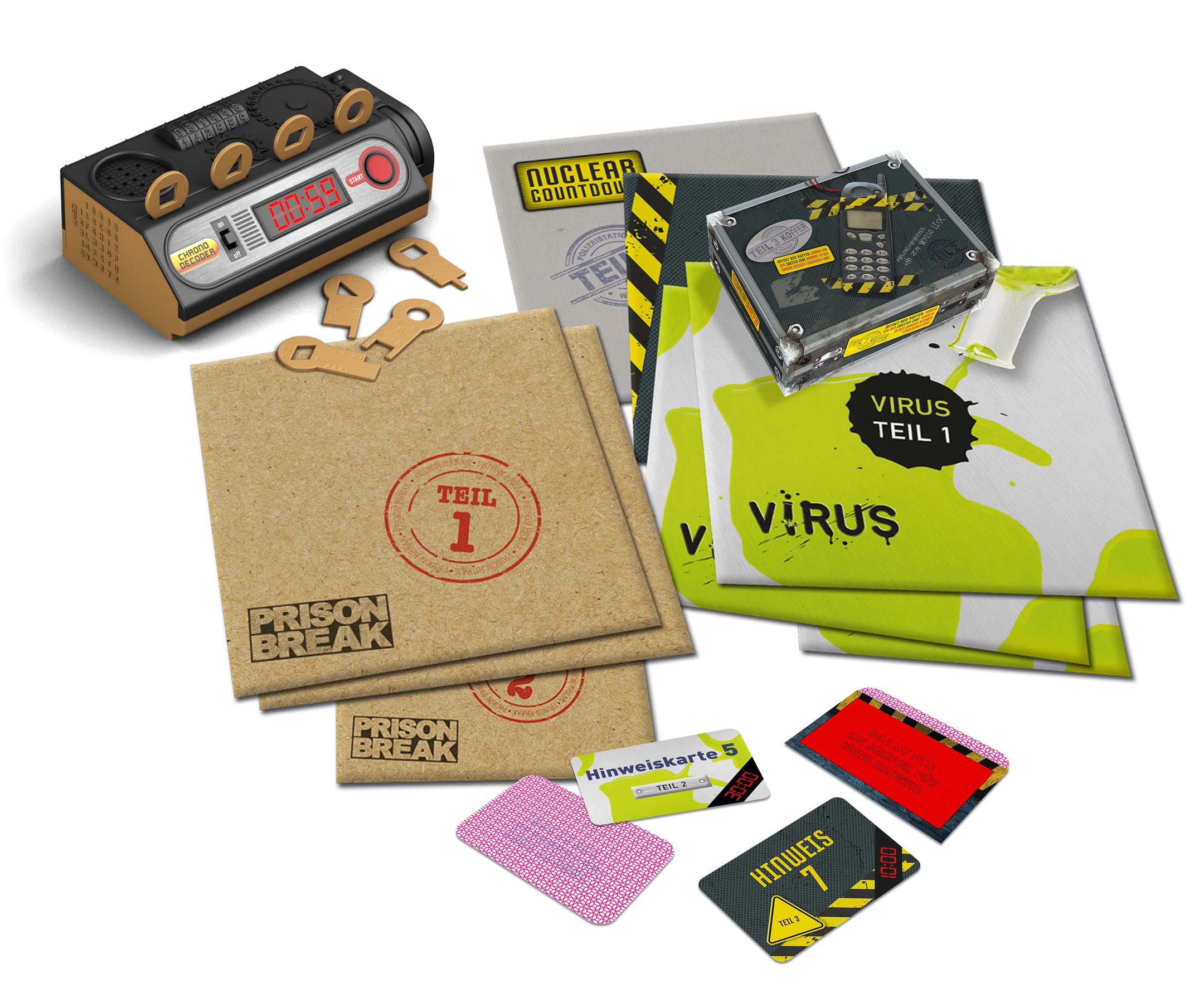 Noris 606102034 Escape Room Starter Set Familias y Juego de Mesa para Adultos Incluye 3 Casos, Turorial y Decodificador Chrono, a Partir de 16 Años, Multicolor