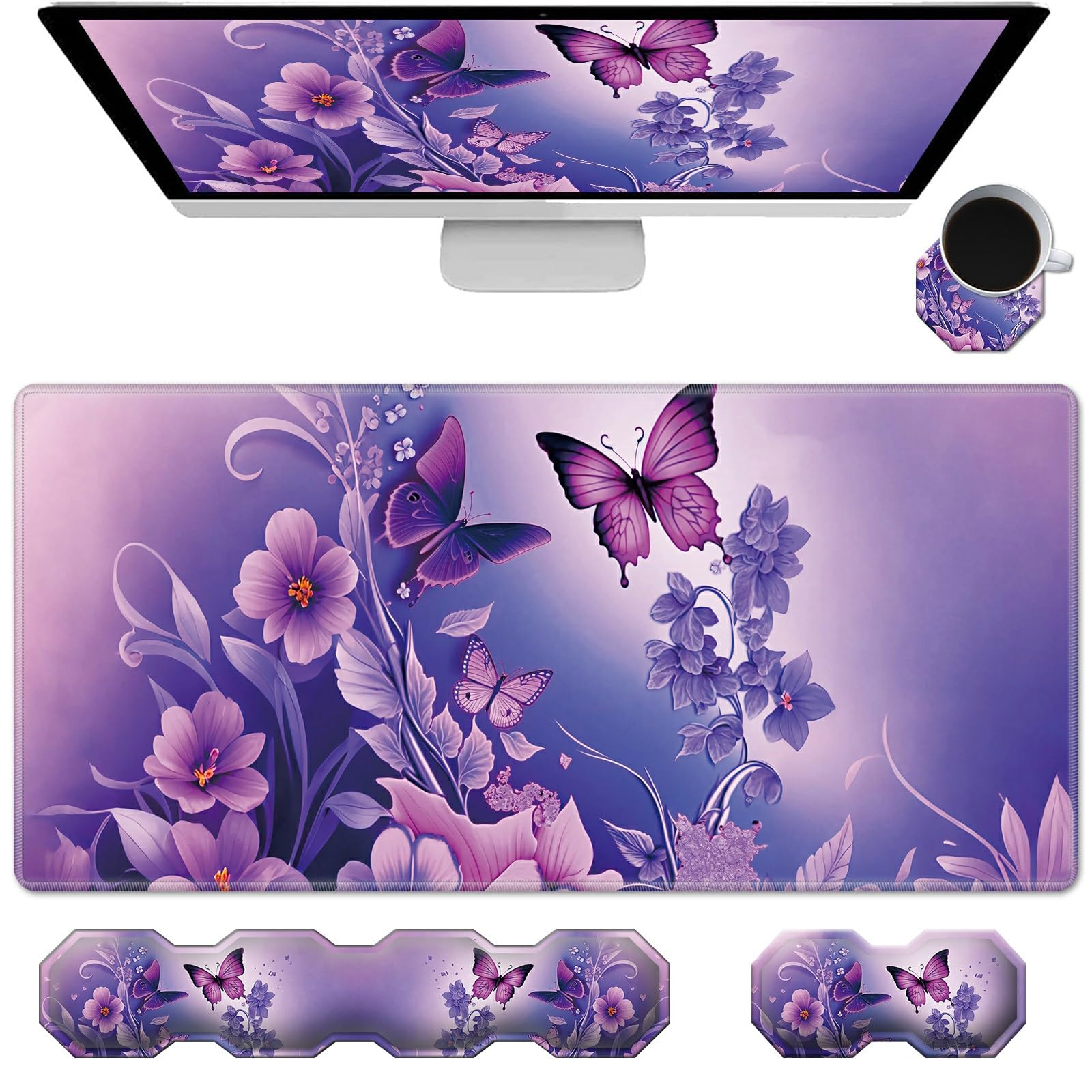 Keyboard Wrist Rest & Desk Mat 35.4 x 15.7 inch & Mouse Wrist Rest & Coasters 4 Pcs Mouse Pad with Wrist Rest Set with Memory Foam Ergonomic Easy