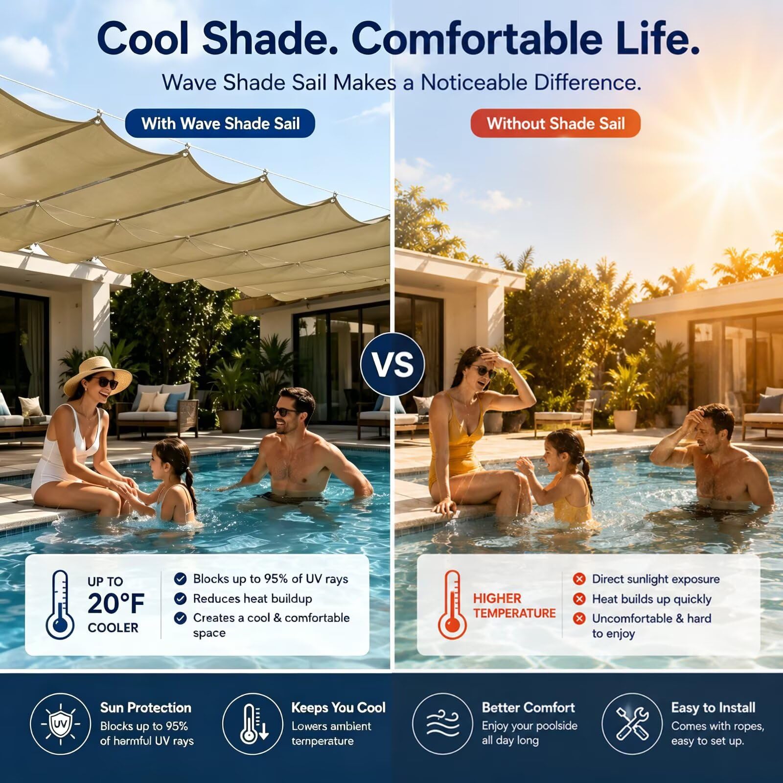 Parasol de Olas Corredizo 400x700cm, Techo Solar de Piscina Caqui | Material 230g/m² grueso: impermeable, anti-UV, escudo térmico. Cuerda de nylon flexible para un cierre suave y fácil