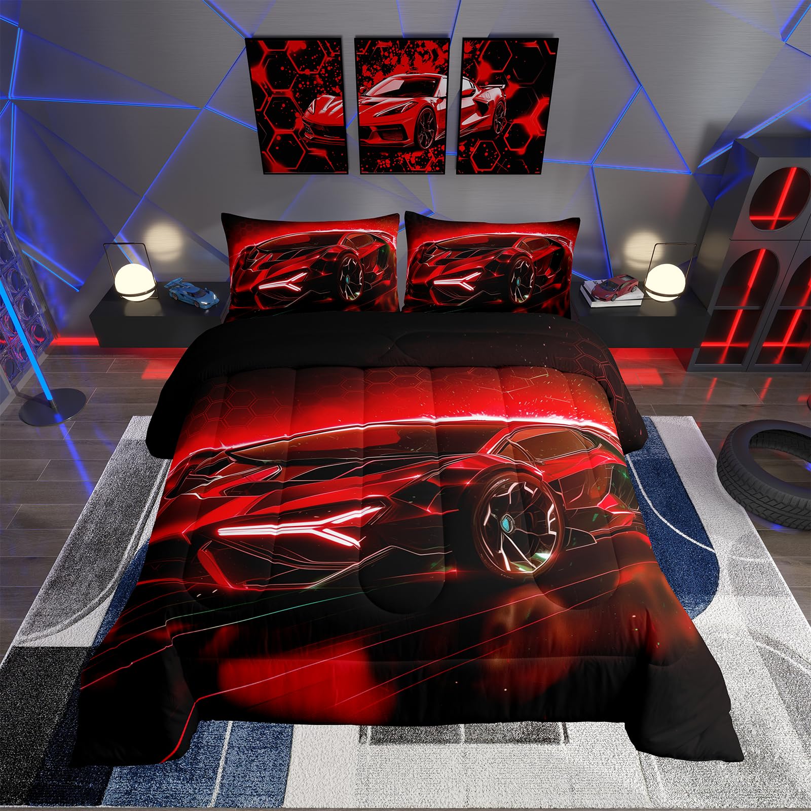 Feelyou Kids Boys Sports Comforter Set Twin Size Red Race Car Comforter for Kids Teens Room Decor Extreme Sports Theme Bedding Set Cool Speed Luxury