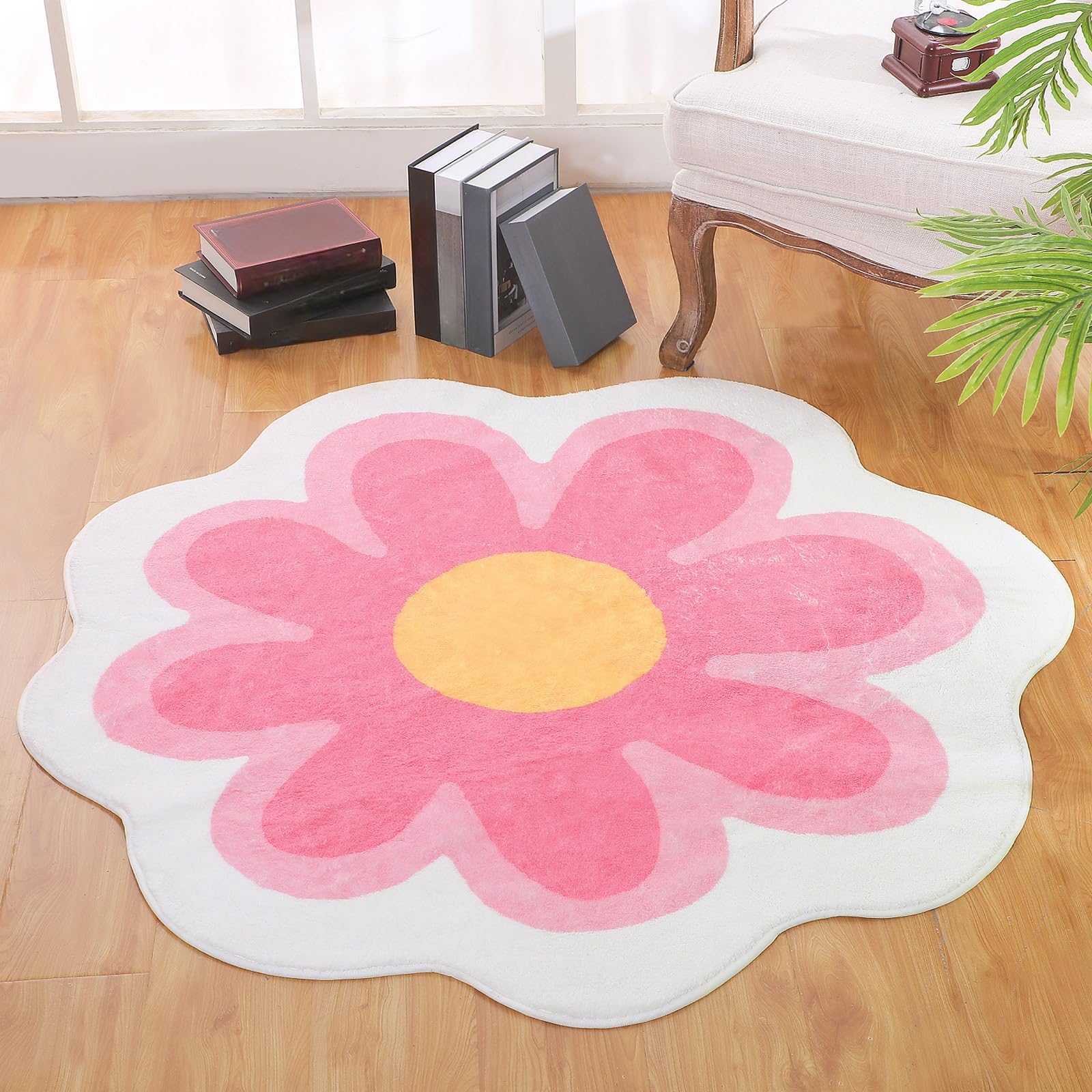 Tinideya Aesthetic Cute Flower Round Area Rug Non Slip Circle Soft Fluffy Flower Rug Indoor Floor Mat Carpet for Girls Bedroom Bathroom Living Room