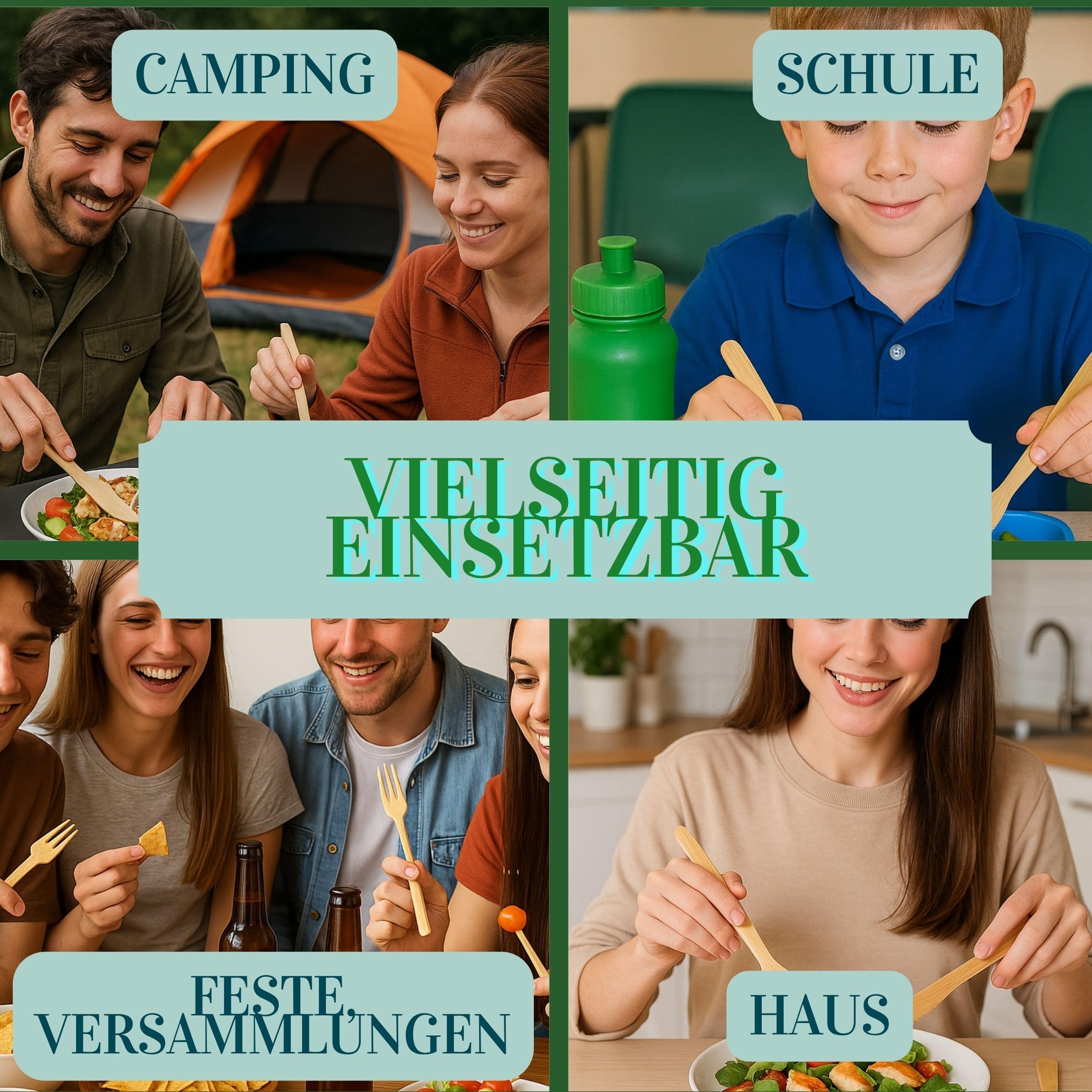 XL 300 Besteck-Set, Bambus, umweltfreundlich, kompostierbar, wiederverwendbar. Kein Holz Geshmack – 100 Gäste (Gabel 16cm/Messer 16cm/Dessertlöffel 14cm). Picknick, Grill, Party, Camping @Claudi Home