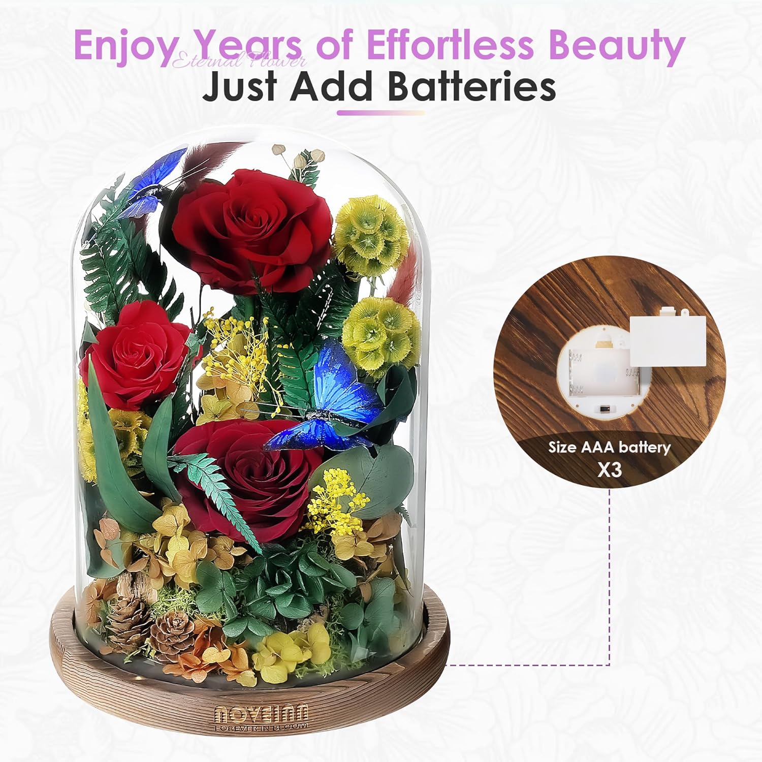 NOVEINN Preserved Flowers in Glass Dome - Eternal Rose Arrangement with Real Preserved Plants, Romantic Forever Rose Gift for Women - Anniversary, Birthday, Mother’s Day, Home Decor(Red) - Image 6