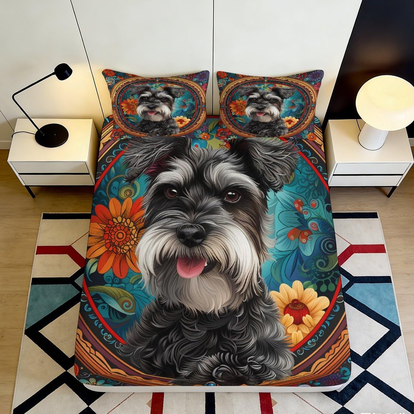 3D Printed Schnauzer Floral Fitted Sheet Microfiber Deep Pocket Bedroom Bedding Full Wrap Dog Mattress Fitted Cover Washable Home 90x200x25cm