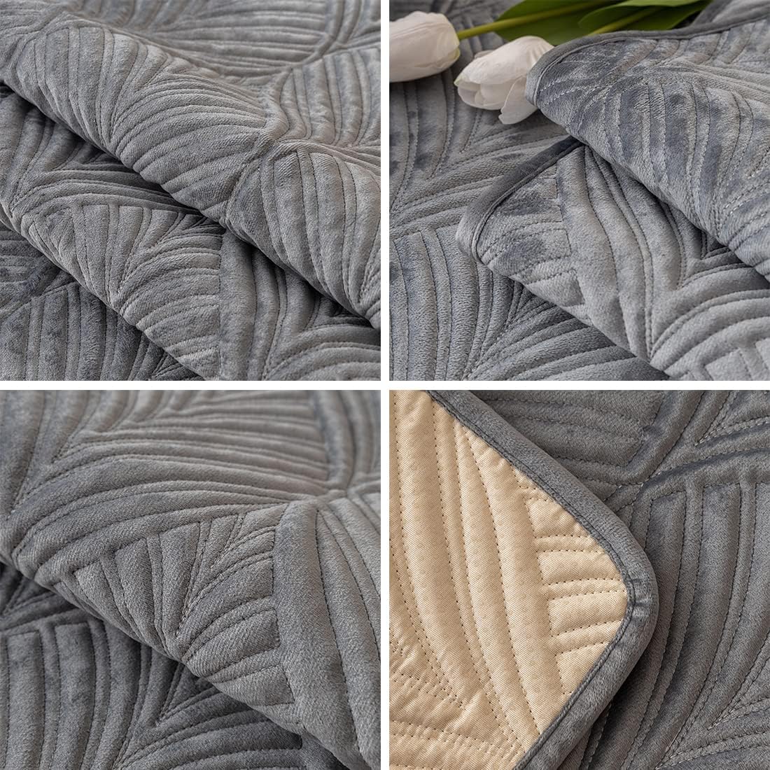 vctops Super Soft Velvet Quilted Sofa Couch Covers Non-Slip Sectional Couch Cover Leaf Pattern Plush Sofa Slipcover Furniture Protector for Pets Kids Children Dog Cat (Grey,36"x82")