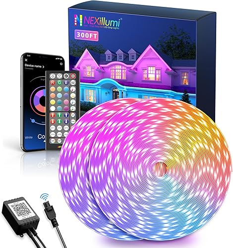 Nexillumi Tira de luces LED impermeables de 300 pies con control remoto, SMD 5050 que cambia de color, sincronización de música, control de