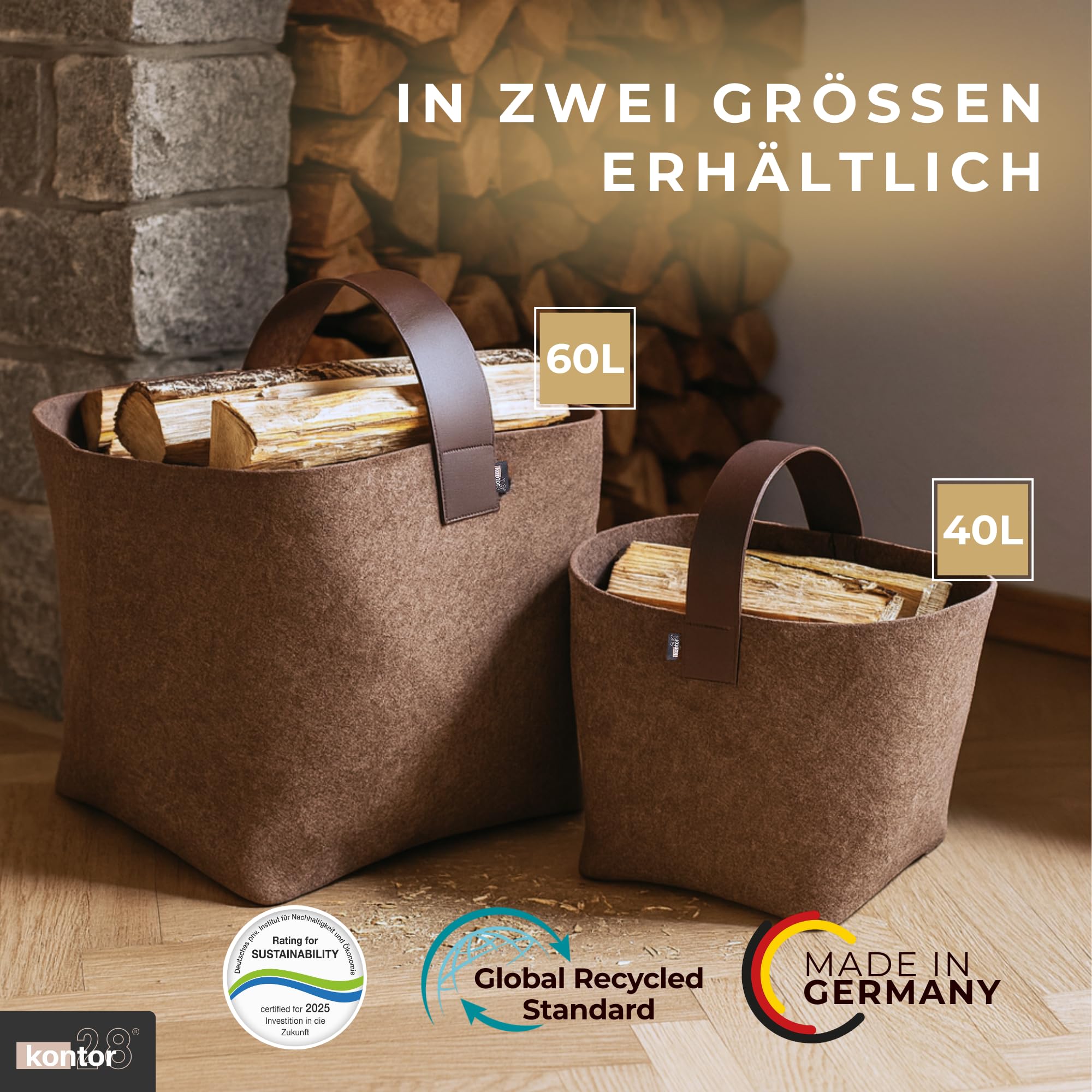 kontor28® - Kaminholzkorb aus Premium Filz 100% MADE IN GERMANY | Brennholzkorb Füllvolumen 40 L mit herausnehmbarem Boden | Feuerholzkorb mit Echtleder-Henkel, robust & standfest - Farbe Naturmeliert