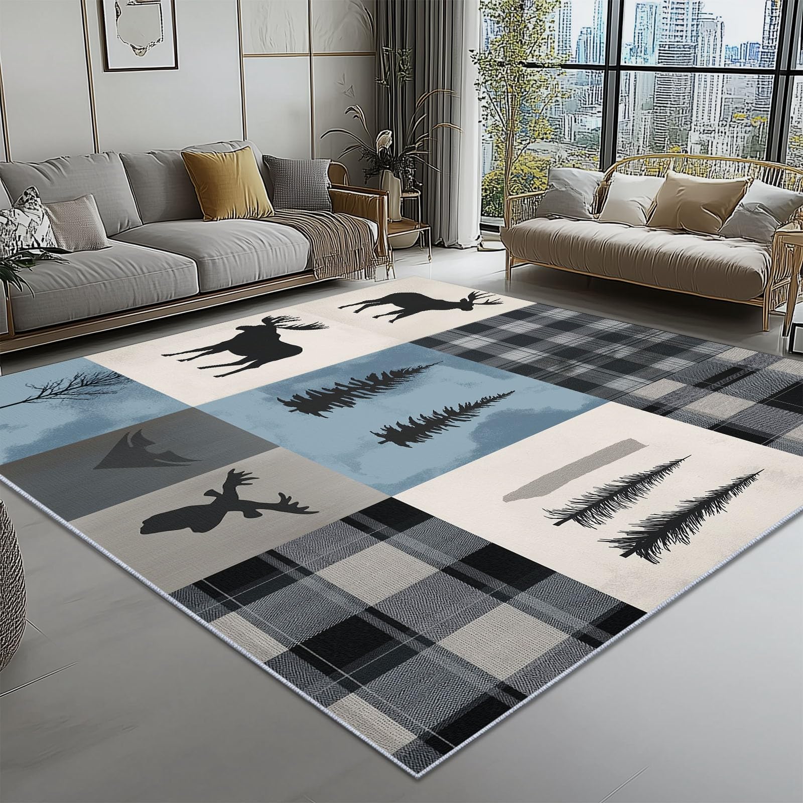 Gris Marron Tapis antidérapant Lavable - 120 x 170 cm - Moderne Simple Patchwork Cerf - Léger et résistant - pour Couloir, entrée, Salon et Zones à Fort trafic