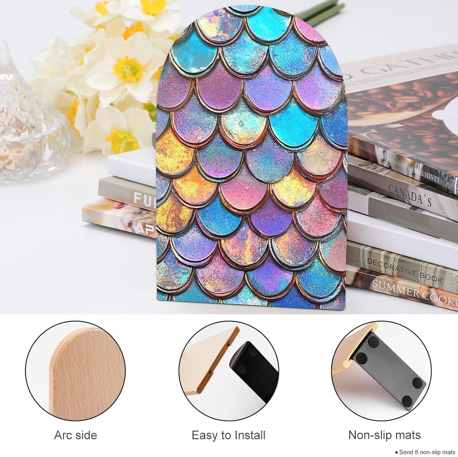 Mermaid Fish Scale Sequin Cute Wood Book Ends Decorative Bookends 1 Pair Non-Skid for Shelves Home Office 7 X 5 Inch