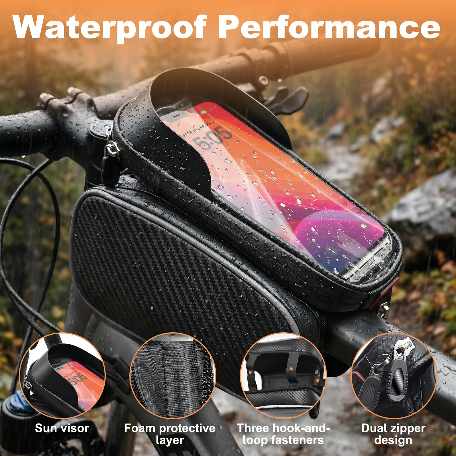 Borsa da Manubrio, Impermeabile Borsa Telaio Bici con Touchscreen TPU Bici Telaio per Smartphone Fino 6,8'' Borsa Tubo Anteriore per MTB, Bici Gravel, Bici Strada, Bici Elettrica