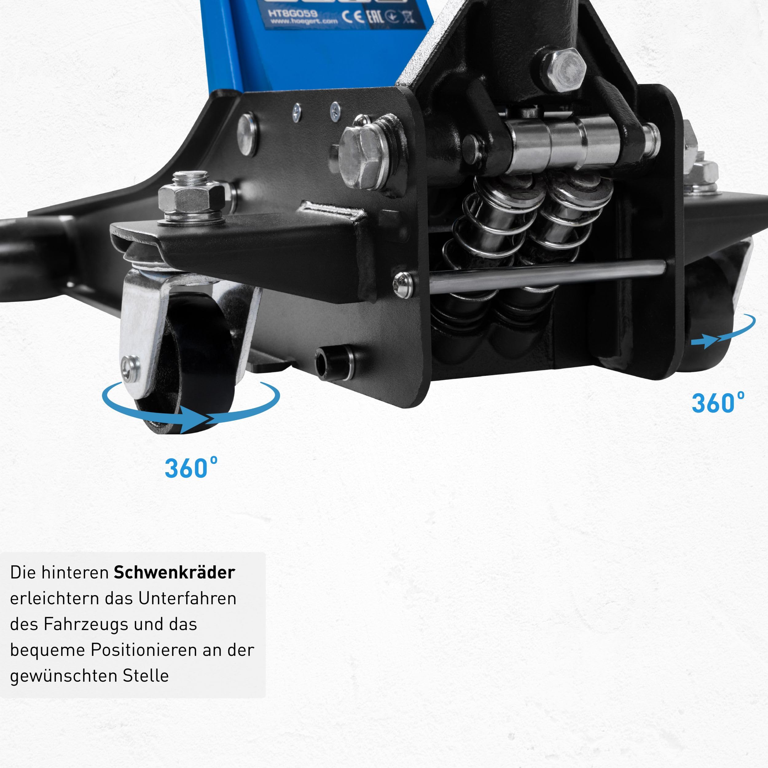 Högert Technik Wagenheber, Hydraulischer Wagenheber 2t, Rangierwagenheber Hydraulikheber 85-430 mm Hubhöhe für PKW, Überlastventil, Frontrollen und schwenkbare Hinterräder