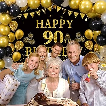 Amazon.com: Trgowaul 90th Birthday Decorations - Black Gold Happy 90  Birthday Backdrop Banner, 2 Pcs Tablecloth, 60 Pcs Latex Confetti Balloons,  90 Years Old Party Supplies : Toys & Games