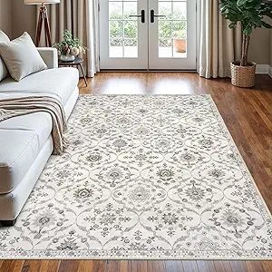 KILOCOCO 5x7 Area Rug, Moroccan Super Soft Washable Living Room Vintage Rug, Non-Slip Large Print Faux Wool Throw Indoor Rug for Entryway Bedroom Office Carpet, Cream Beige Grey