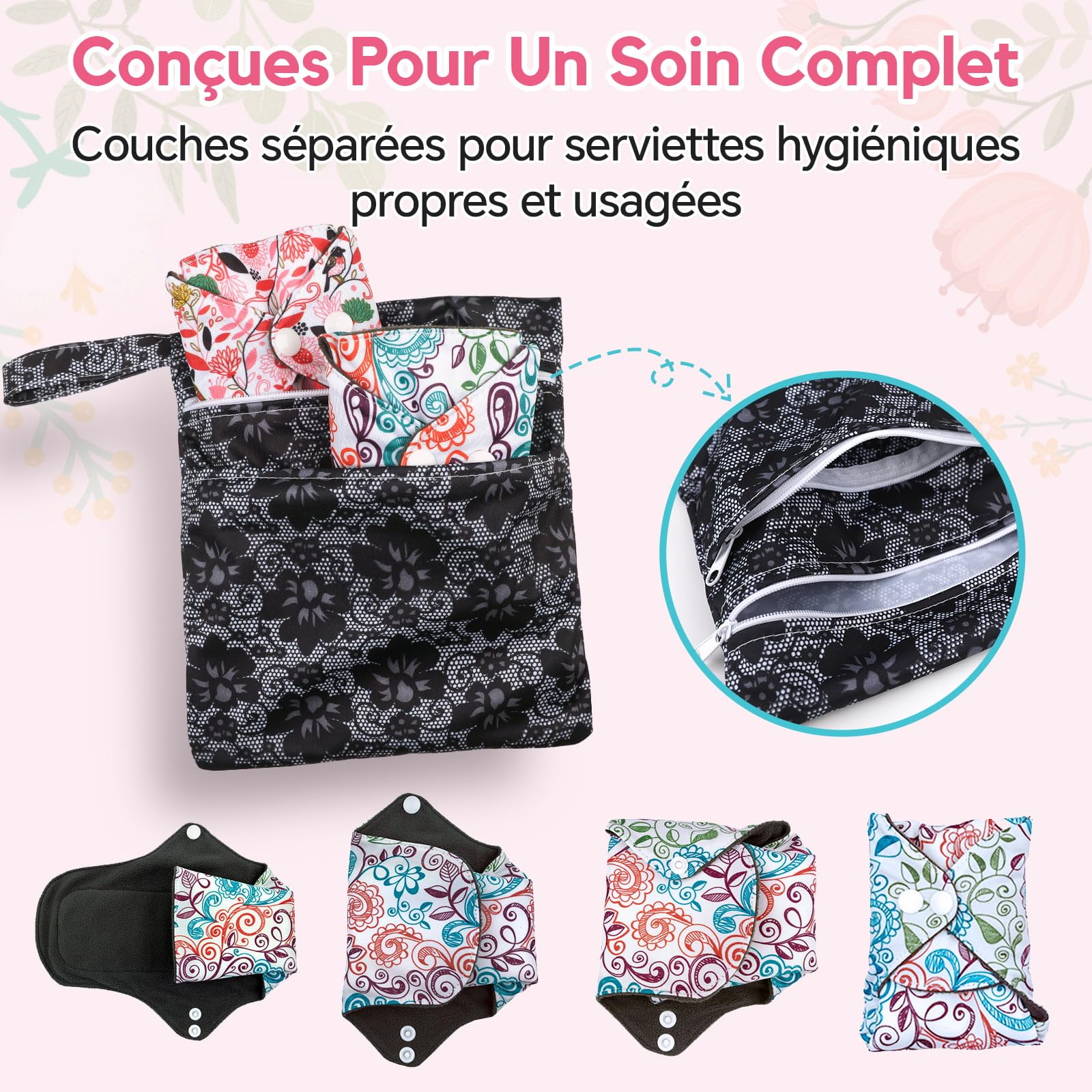 Lot de 4 serviettes hygiéniques lavables pour la nuit - Serviettes menstruelles réutilisables avec couche absorbante en charbon de bambou - Pour la nuit avec queue ondulée