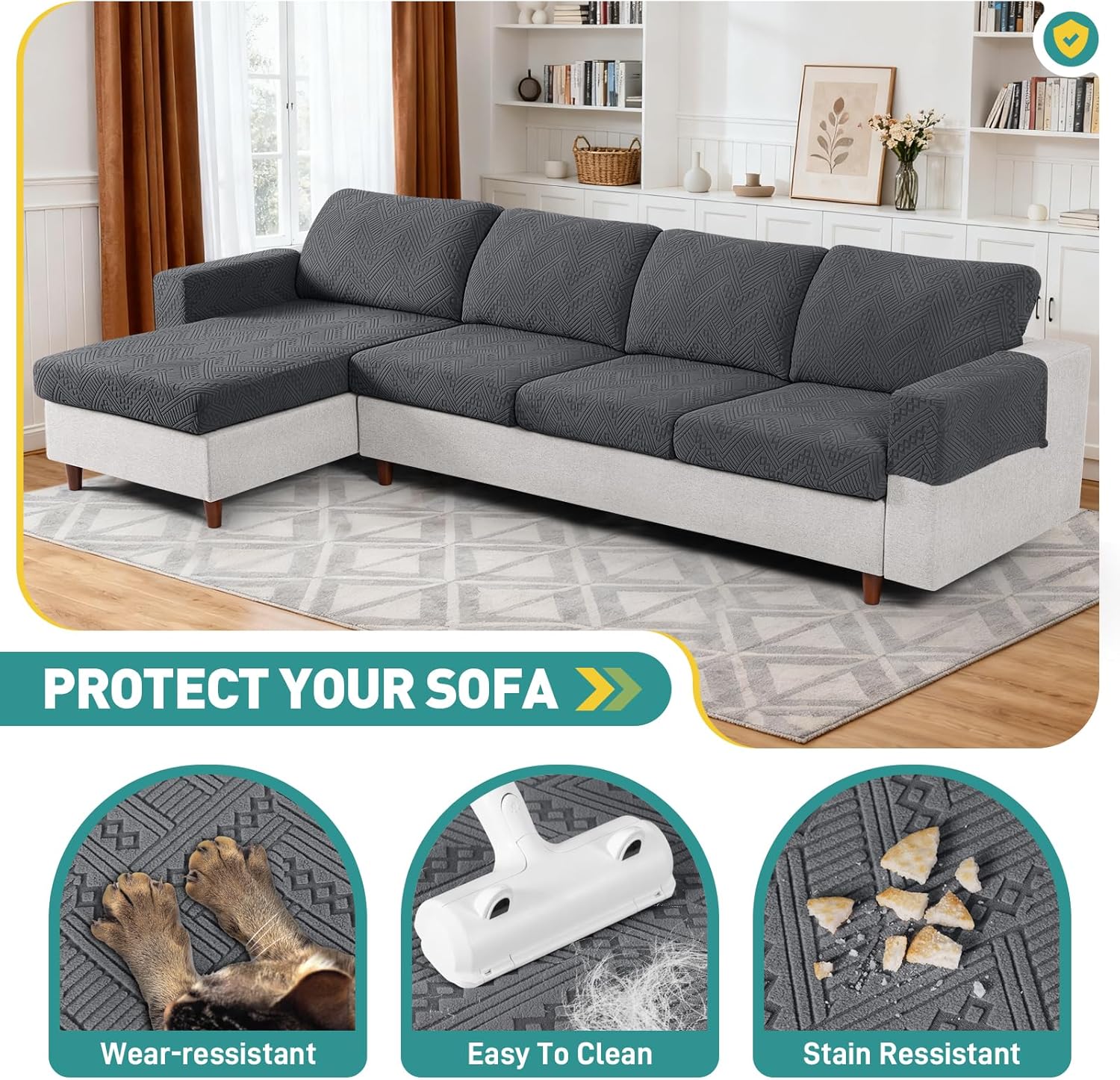 Ruaozz Couch Cushion Covers for Sectional Sofa Stretch Seat Cushion Covers Washable Sofa Slipcovers for L Shaped Soft Furniture Protector Pet Friendly (3 PC Seat + 1 PC Chaise Cover, Dark Gray)