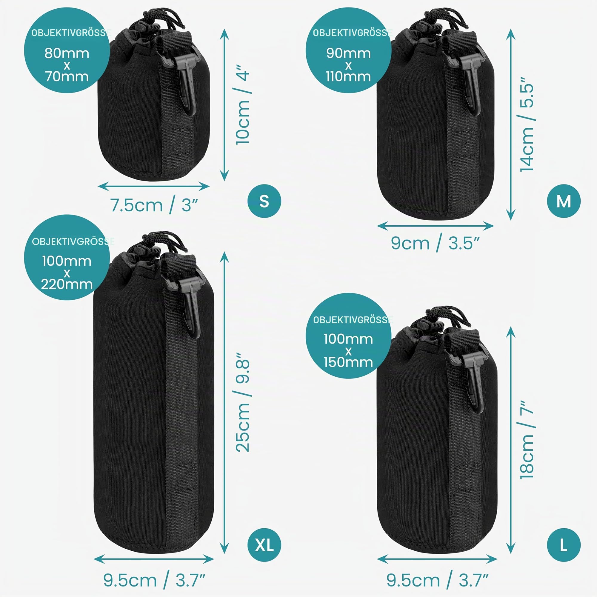 BELLE VOUS 4 TLG Schwarzes Objektivset - Wasserabweisende Neopren Tasche für Universelle DSLR-Kameraobjektive - Weiche Tragetaschen/Reisetaschen