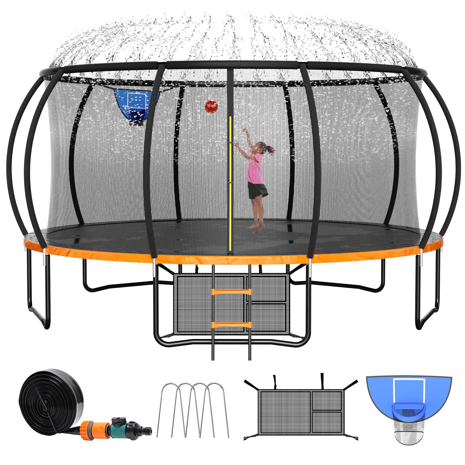 Zevemomo Upgraded 16FT Trampoline With Basketball Hoop and Sprinkler for Kids and Adults - ASTM Approval Large Outdoor, Orange