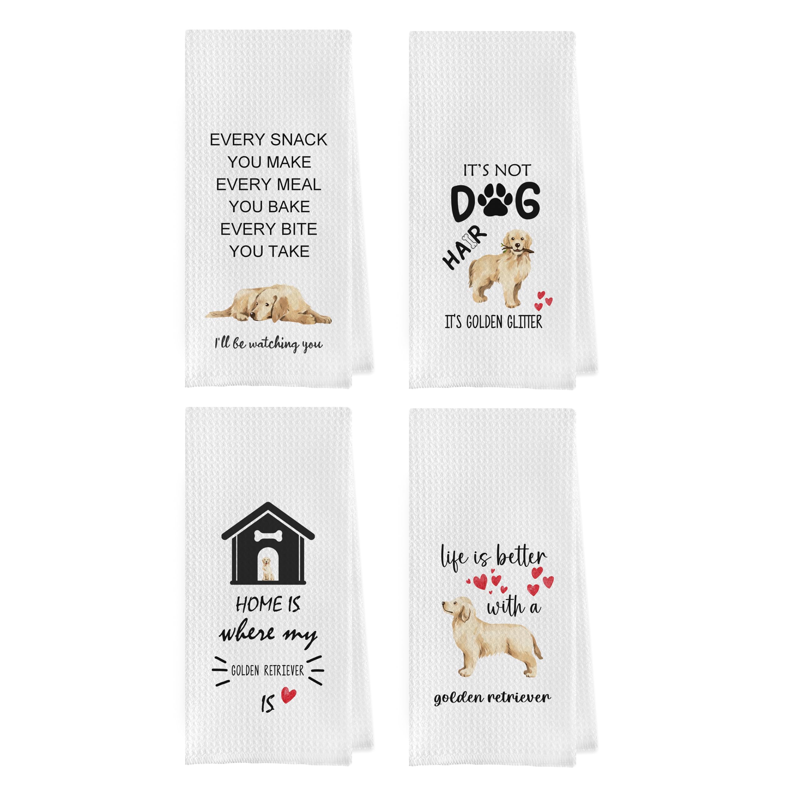 Gettu Golden Retriever Waffle Weave Kitchen Set, Hand & Tea Towels (16x24 Inches, Set of 4)