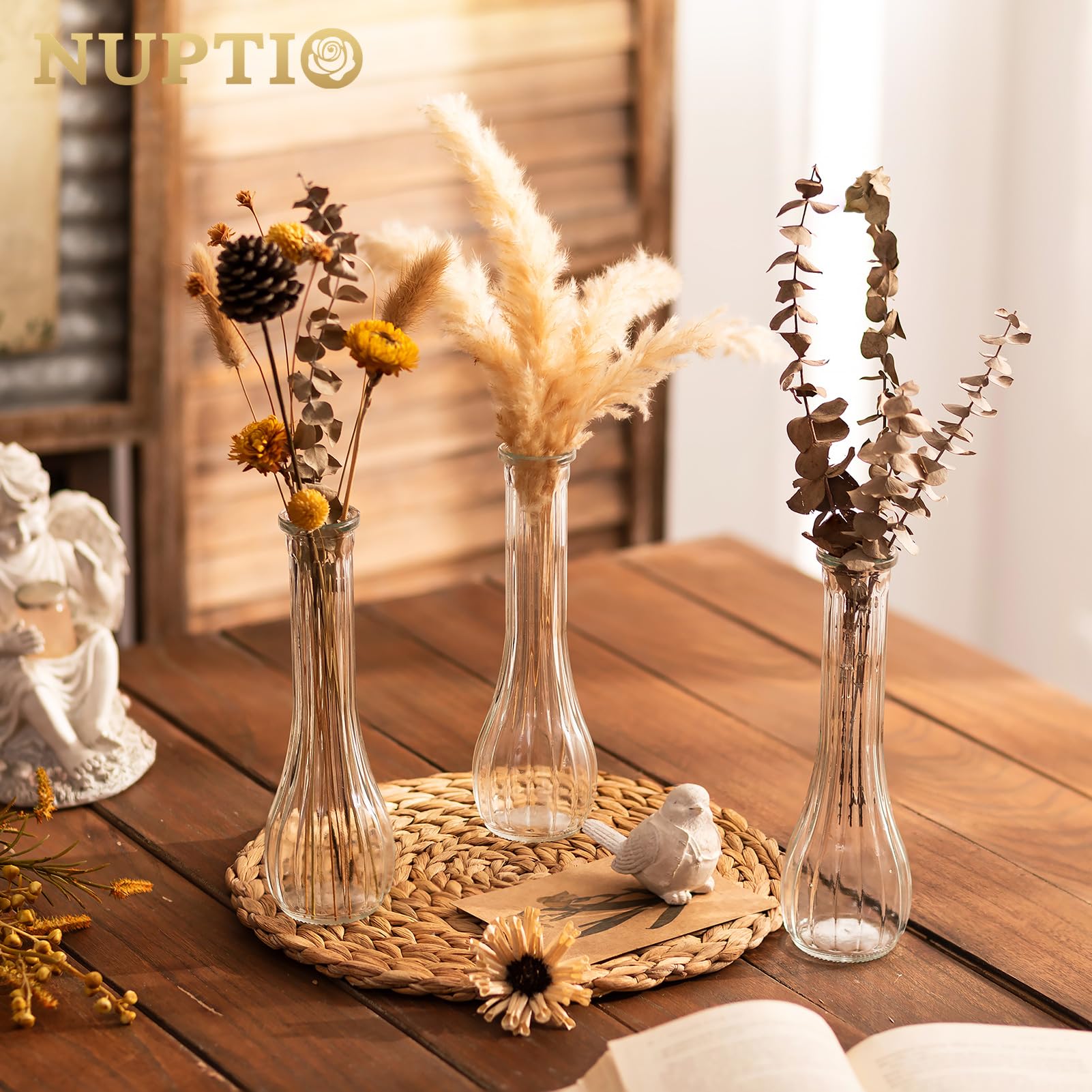 NUPTIO Floreros de Cristal para Flores de Boda: 12 Piezas 21,7cm Alto Florero Pequeño para de Centro de Mesa - Florero Decorativo Estriado para Fiesta Inauguración Casa Decoración
