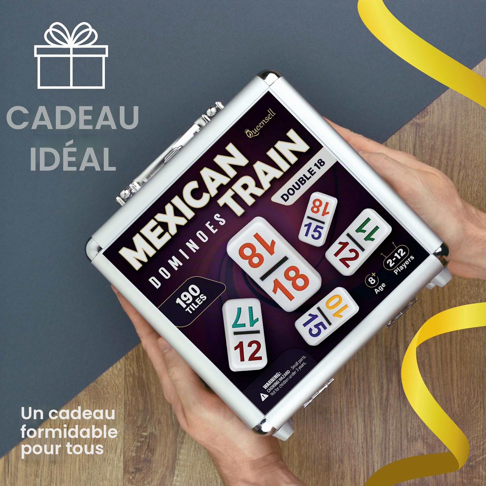 Queensell Jeu de Dominos Train Mexicain avec numéros - Jeu de Dominos Double 18 pour Adultes et Enfants - Jeu de Dominos Train Mexicain pour Adultes avec moyeu en Bois et boîte en Aluminium