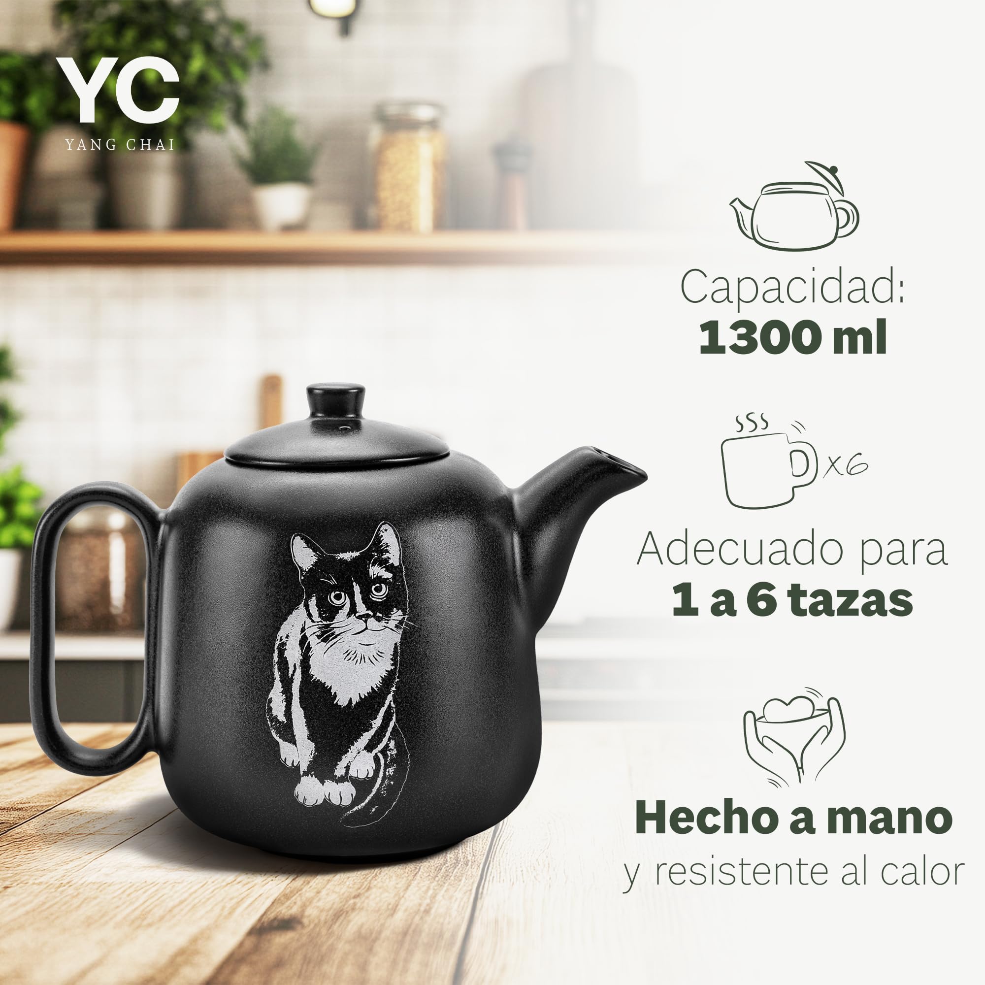 YC Yang Chai Tetera con filtro (1,3 L) – Tetera de cerámica con colador de acero inoxidable 304 – Tetera de cerámica hecha a mano – No gotea y resistente al calor – Accesorios para té suelto