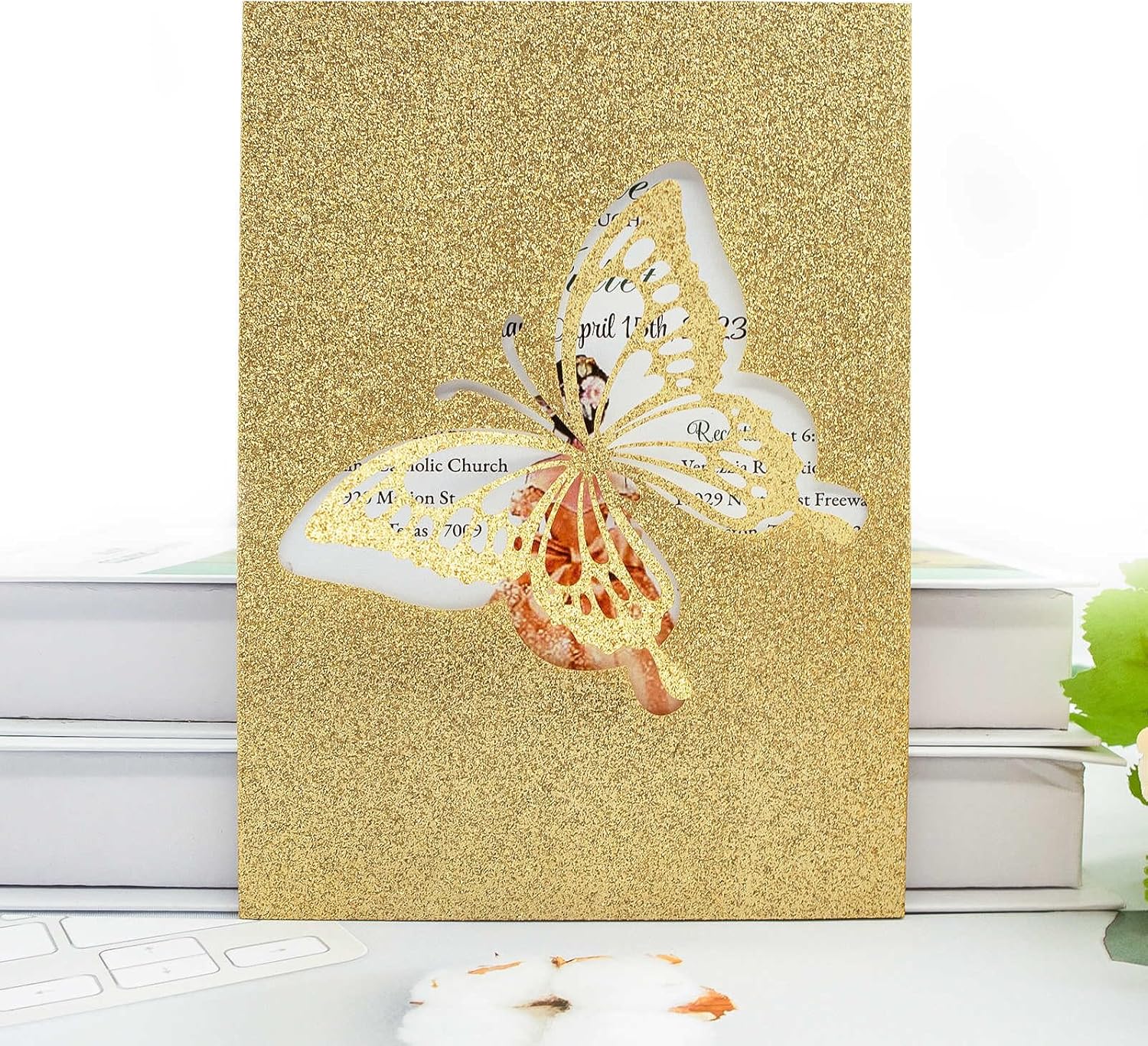 25PCS 5x7 Gold Glitter Laser Cut Butterfly Wedding Invitations Cards with Envelopes,Blank Inner Sheets, for Wedding Bridal Shower Quinceañera Engagement Birthday Invites