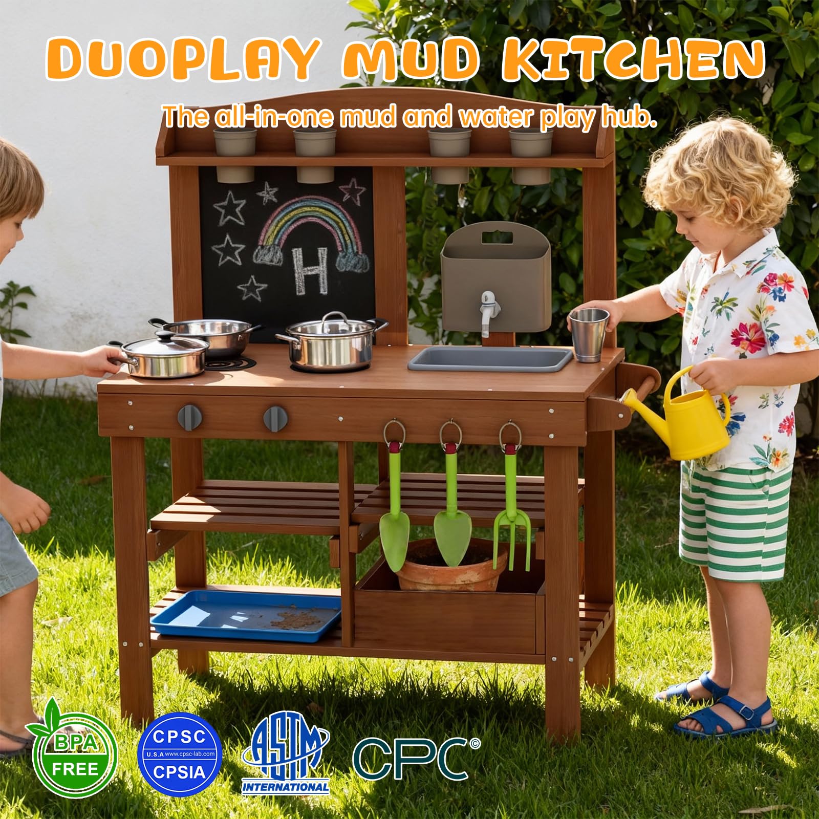 Mud Kitchen for Outdoor, Wooden Outdoor Pretend Kitchen with Sink, Water Slide, Faucet, Stove, Chalkboard and Storage Shelves M3 — view 8