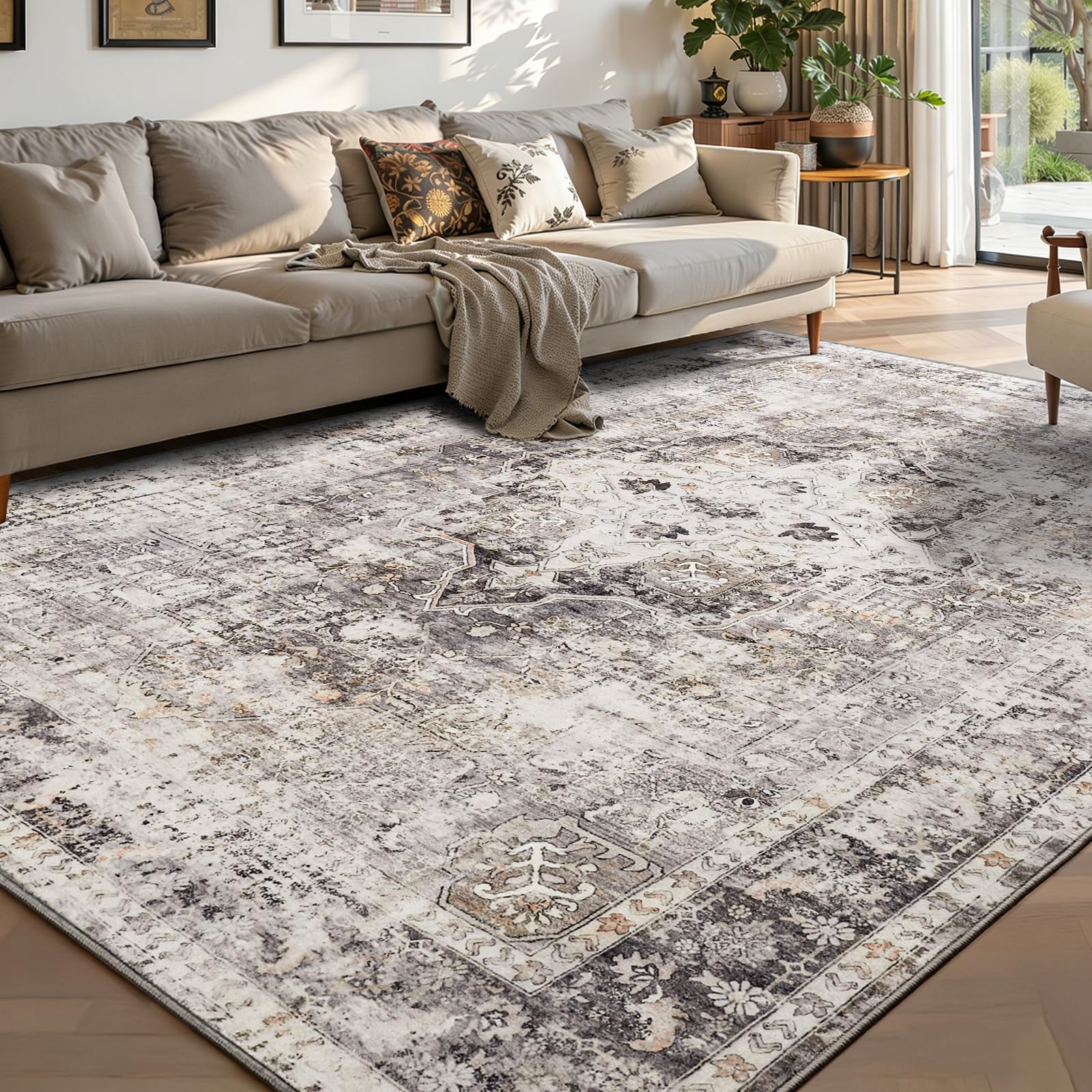 YOH Boho Washable Rug 4x6, Charcoal Gray Vintage Non Slip Area Rug, Distressed Indoor Carpet for Living Room Bedroom Kitchen Office