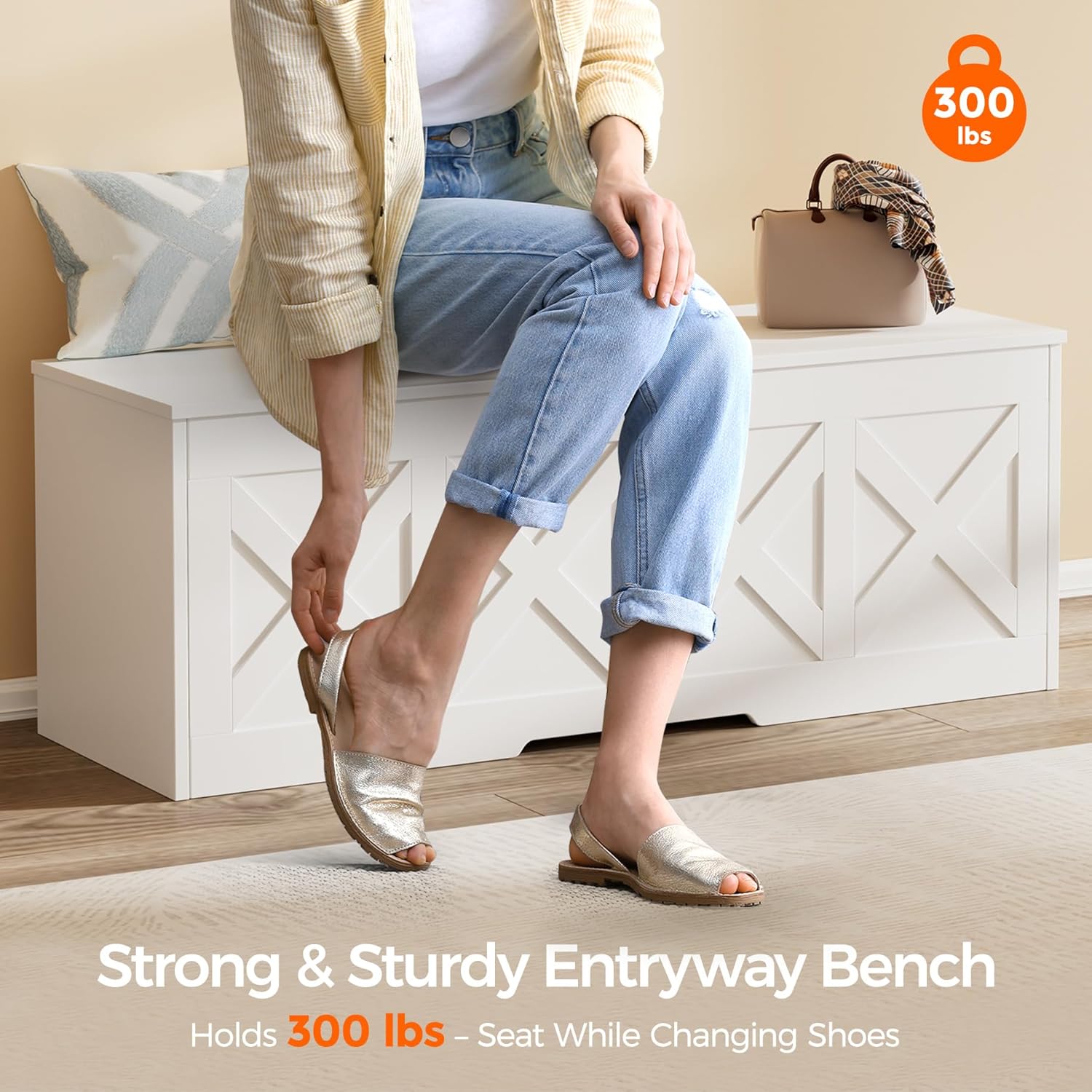 47.2" Extra-Large Wooden Storage Chest – Farmhouse Toy Box, Entryway Bench, Bedroom Storage, Safety Hinge, Easy Assembly, White