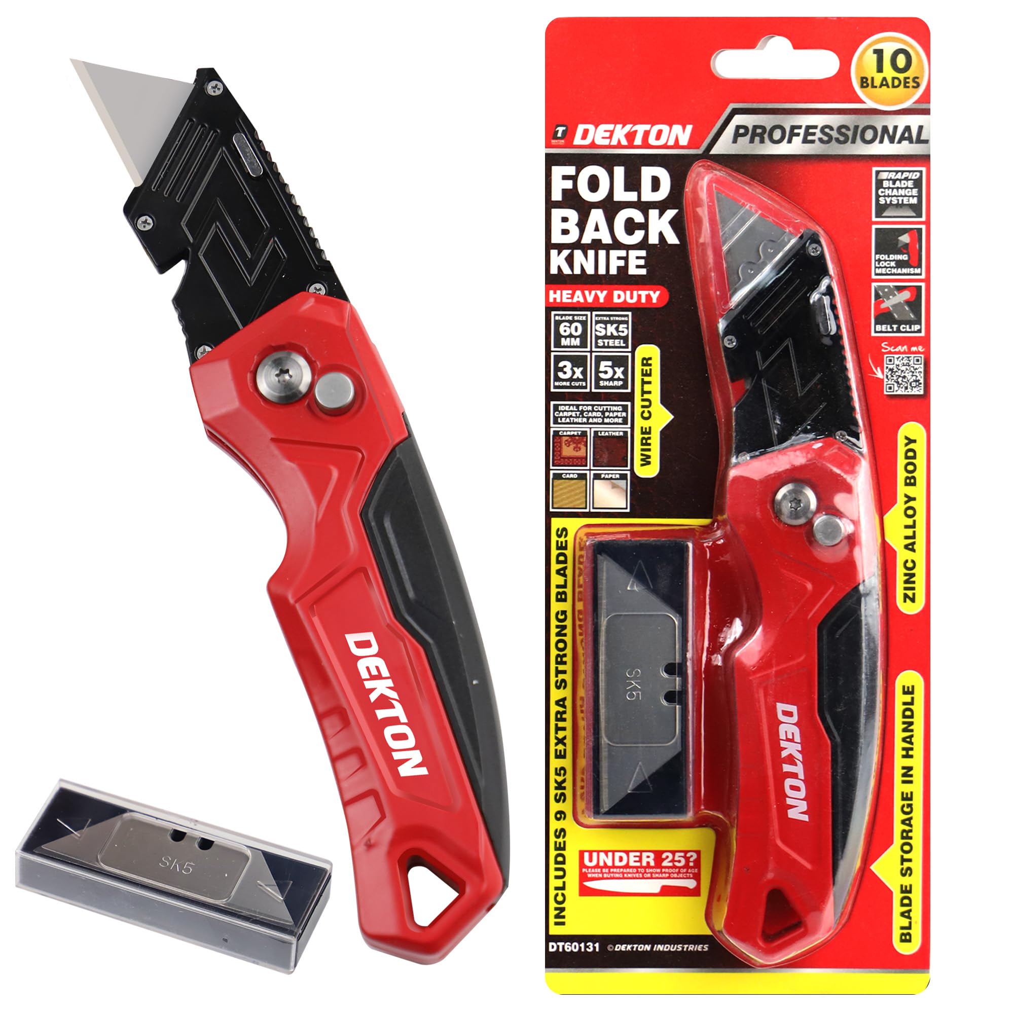 Dekton Pro Heavy Duty Folding Knife with Ergonomic Handle Rapid Blade Change Zinc Alloy Body Belt Clip Wire Cutter and Blade Storage for Vinyl Rubber Plastics and Carpet
