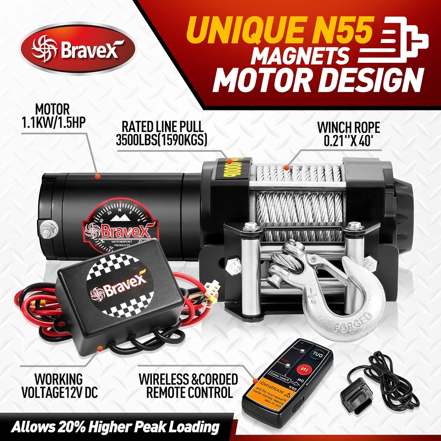 Bravex Electric 12V 3500lb/1591kg Single Line winch for UTV ATV Boat with both Wireless Handheld Remote and corded control Recovery Winch : Automotive