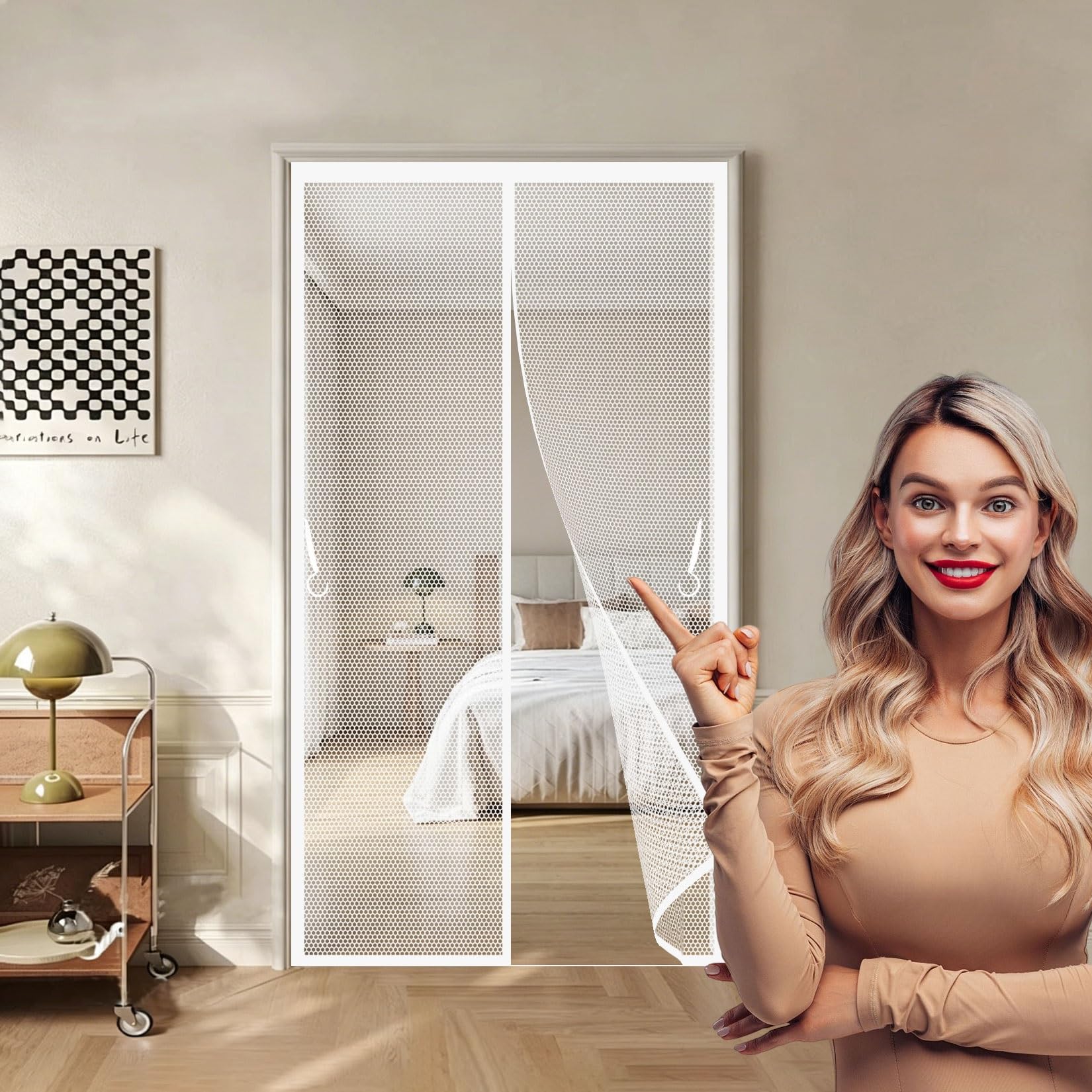 Magnetic Fly Insect Screen Door 139 x 169 cm Powerful Magnets, Self-Sealing, Polyester Screen Mesh Curtain Lets Fresh Air, Easy to Install Pet and Kid Friendly, White