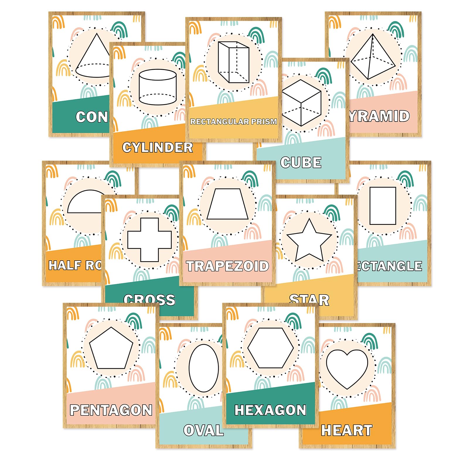 FYSUIMU 14Pcs Boho Rainbow Basic Shapes Early Learning Posters 2D and 3D Classroom Shape Poster Educational Shapes Chart for Preschool Kindergarten Nursery