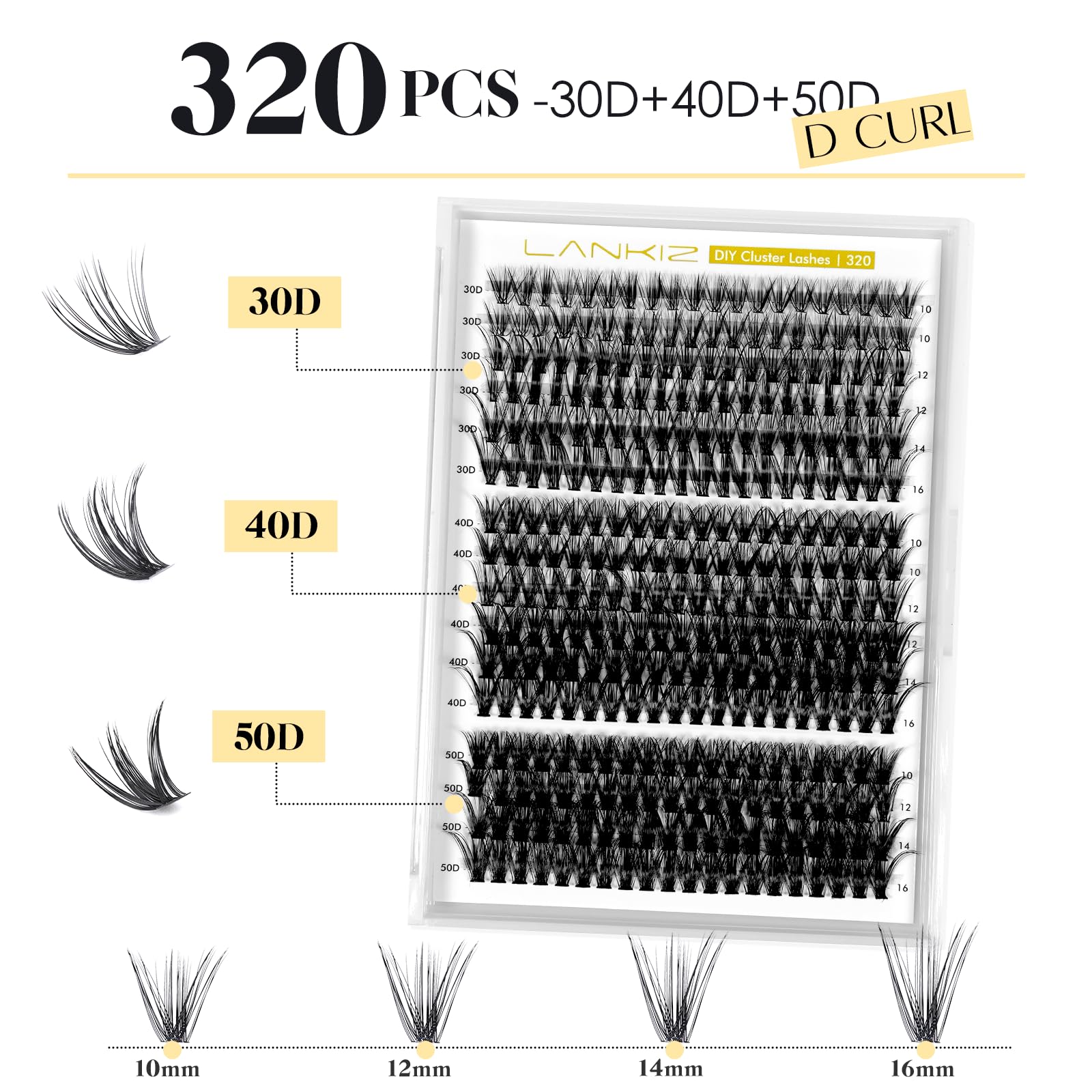 Zestaw przedłużania rzęs LANKIZ 320 szt. - Sztuczne rzęsy 30D + 40D + 50D Curl D 10-16 mm Mix, pojedyncze rzęsy z klejem i aplikatorem, profesjonalny zestaw wielokrotnego użytku dla początkujących