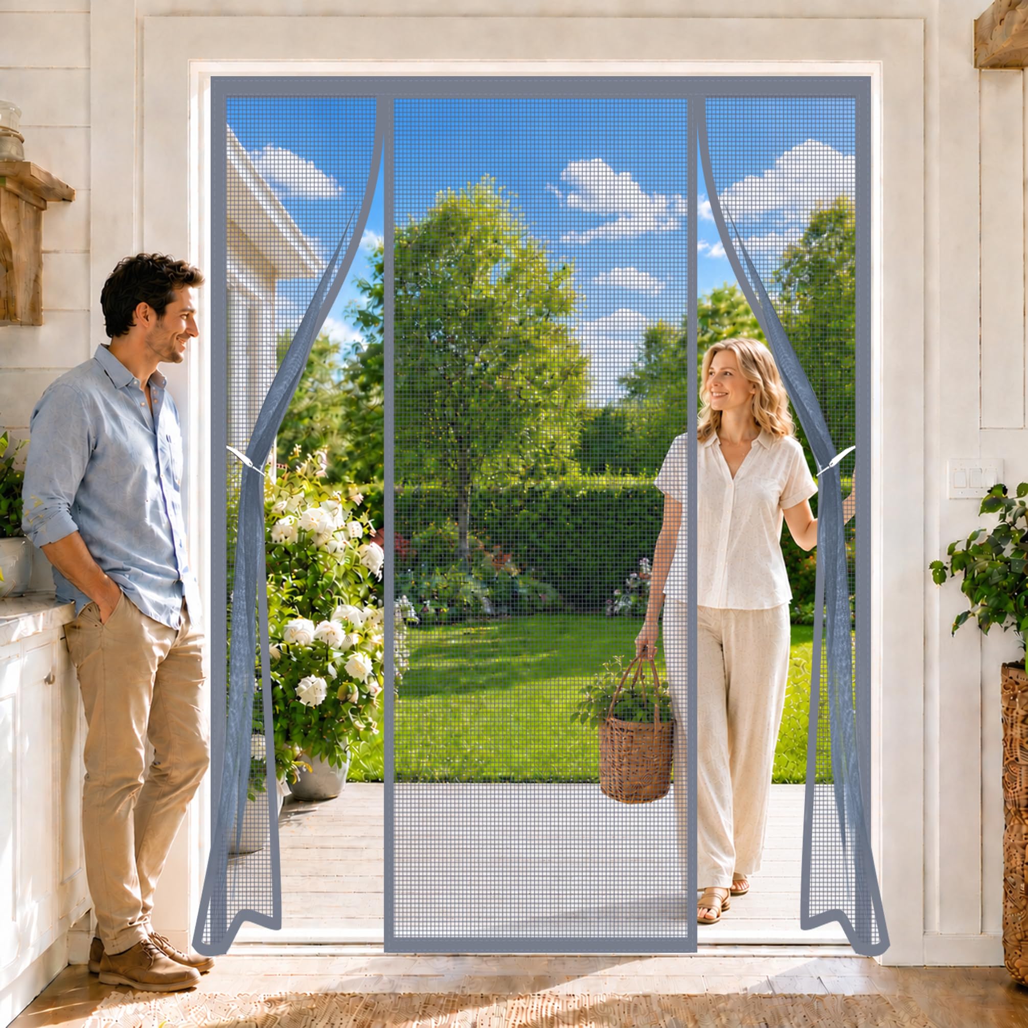 Double Magnetic Screen Door Grey 270x280cm French Door Curtains Anti Mosquito Mesh with Powerful Magnets for Family Homes Wanting Seamless Indoor-Outdoor Flow