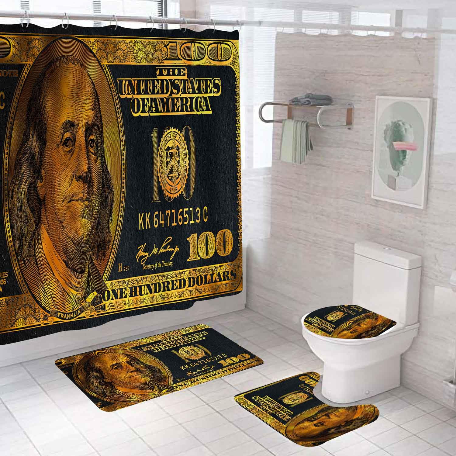 4PCS Money Shower Curtain Sets With Rugs, Waterproof Fabric Black and Gold Shower Curtain, Hundred Dollar Bill Funny USA 100 Dollar Bill Banknote Benjamin Franklin Luxury Modern Bathroom Decor