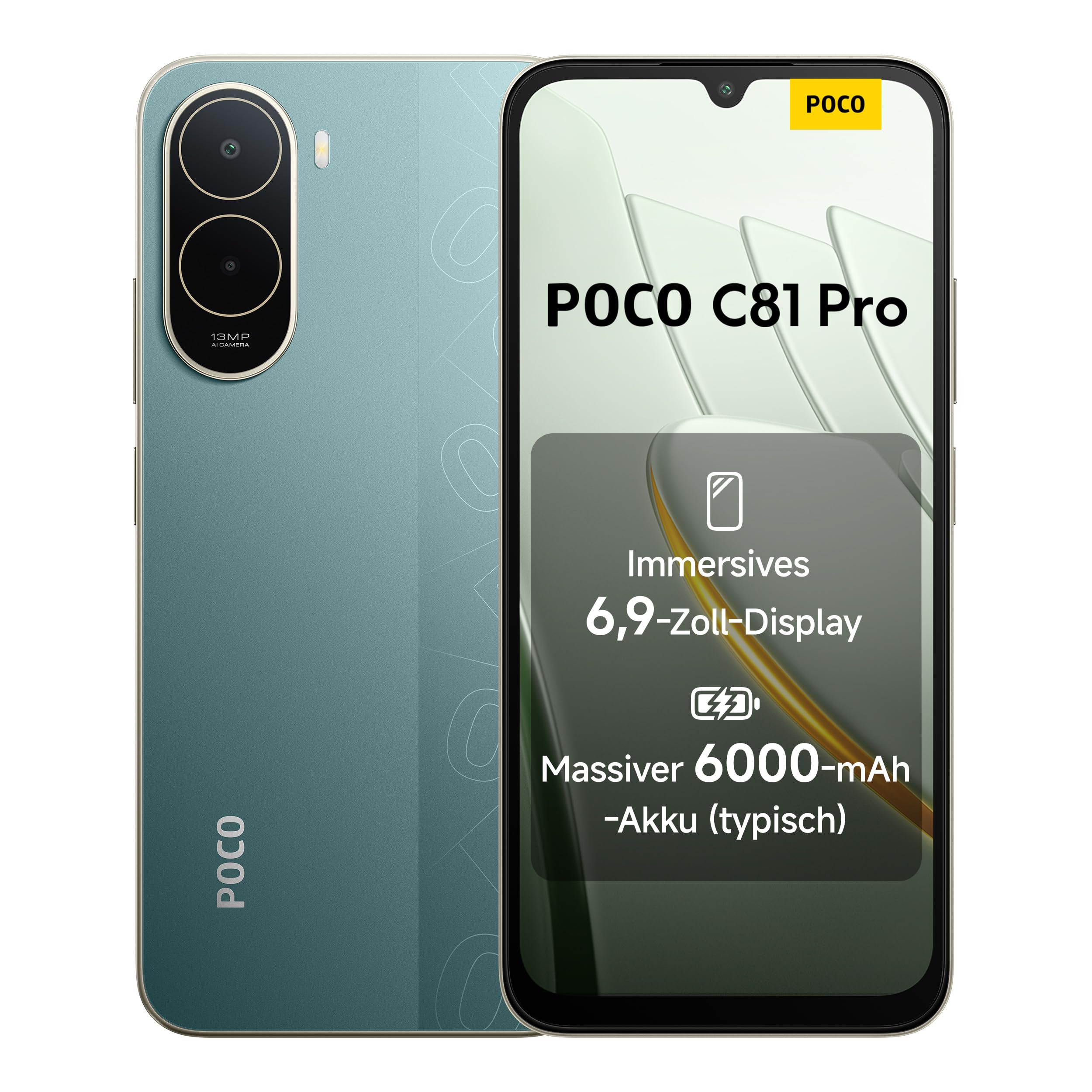 Poco C81 Pro Smartphone, 4 GB + 256 GB, Handy, 6000 mAh Akku, 120 Hz Bildschirm, 6,9 Zoll Display, 13 MP AI-Doppelkamera, grün, zusätzliche 1 Jahr Garantie